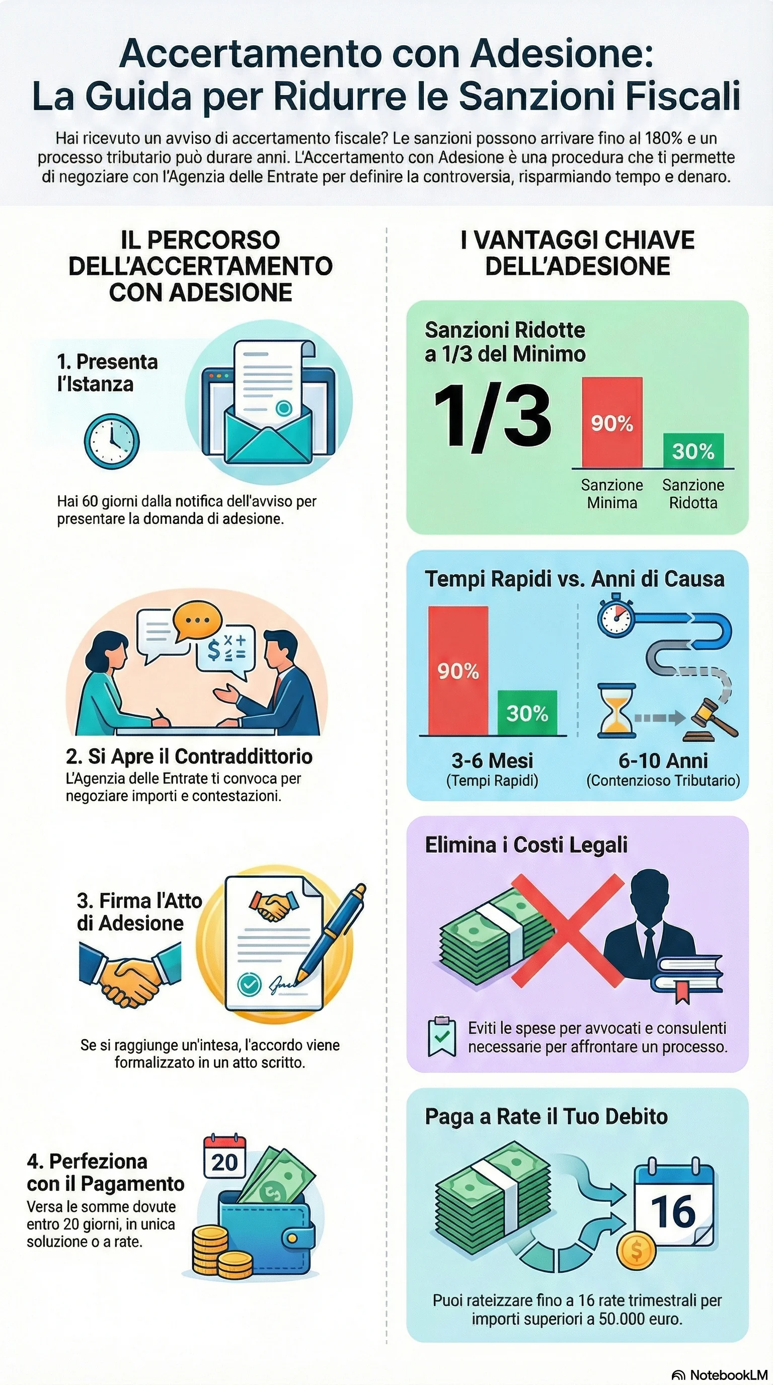 Infografica riassuntiva: Accertamento con Adesione: Come Ridurre le Sanzioni Fiscali