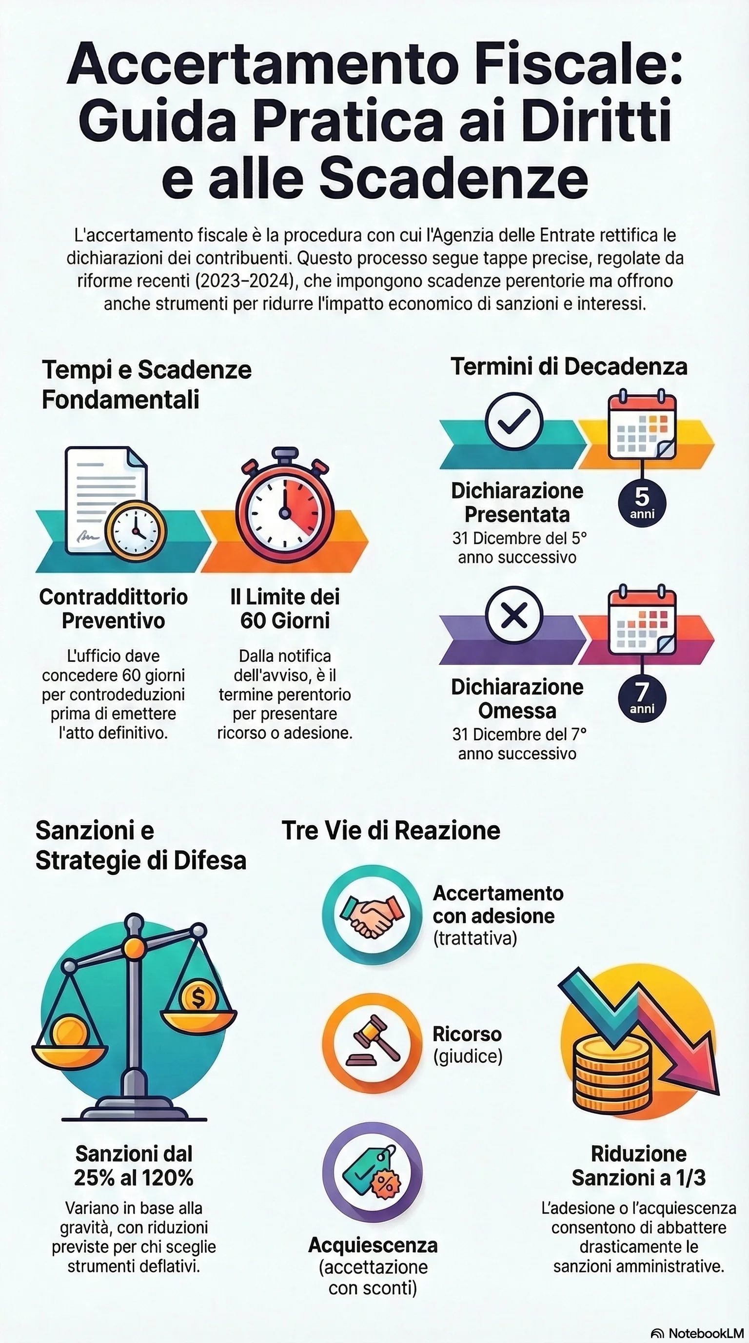 Infografica riassuntiva: Accertamento Fiscale: Cos'è, Come Funziona e Come Difendersi