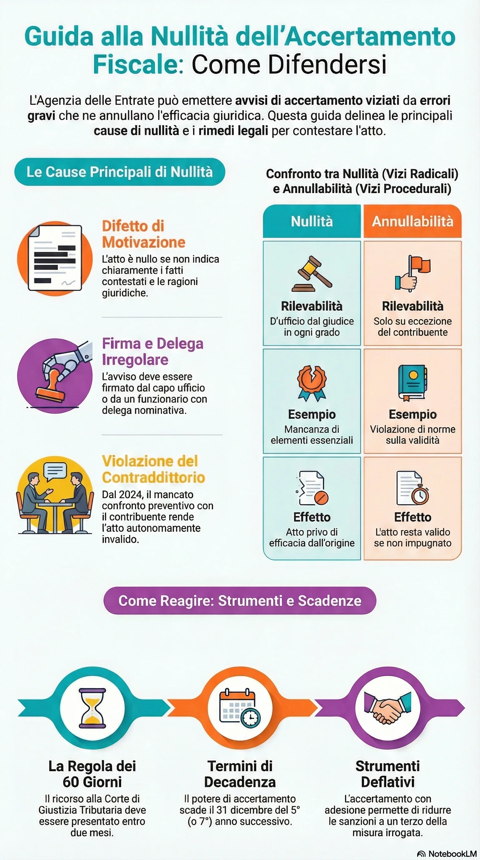 Infografica riassuntiva: Nullità dell'Accertamento Fiscale: Cause, Effetti e Rimedi
