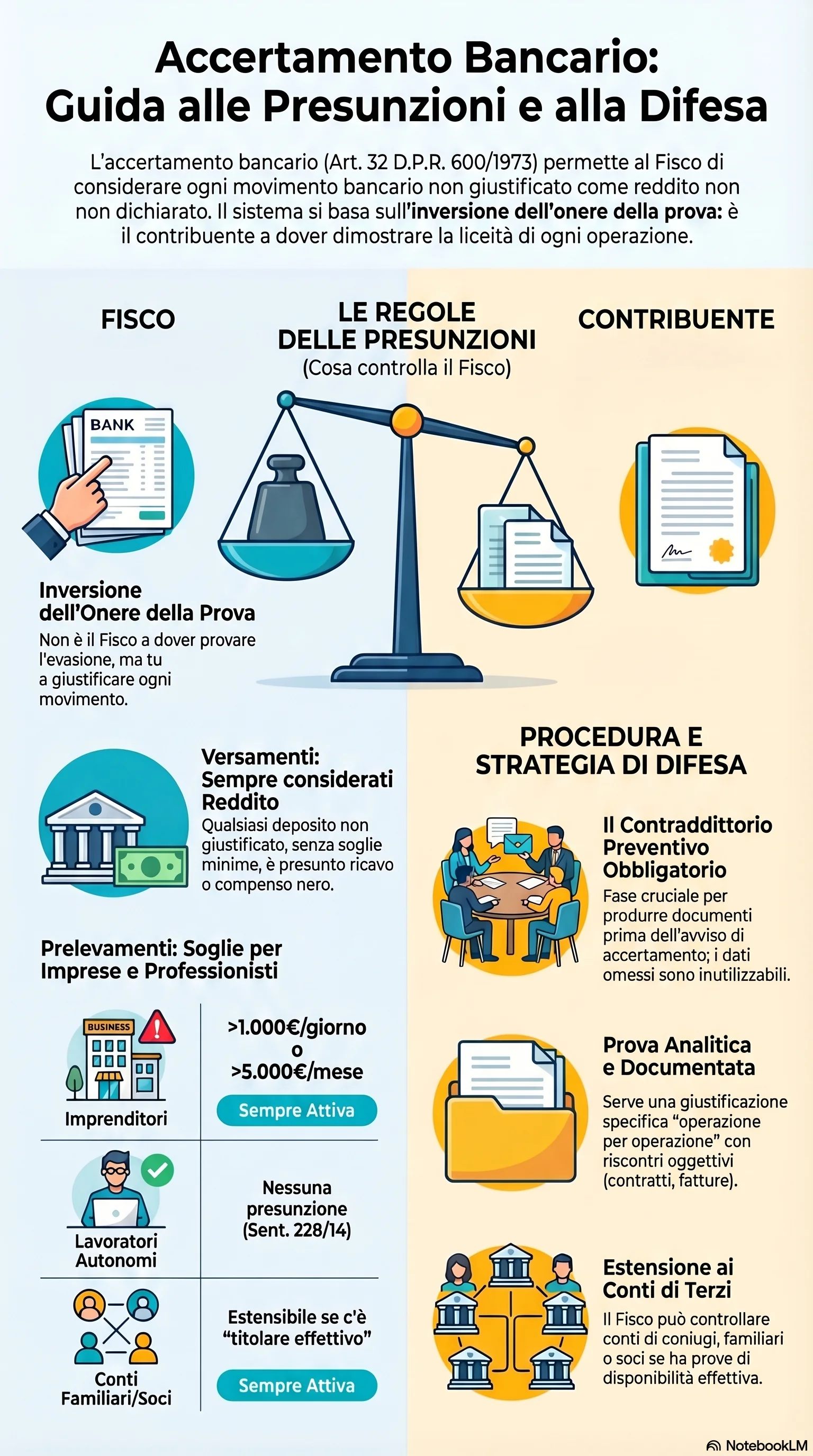 Infografica riassuntiva: Accertamento Bancario: Indagini, Presunzioni e Onere della Prova