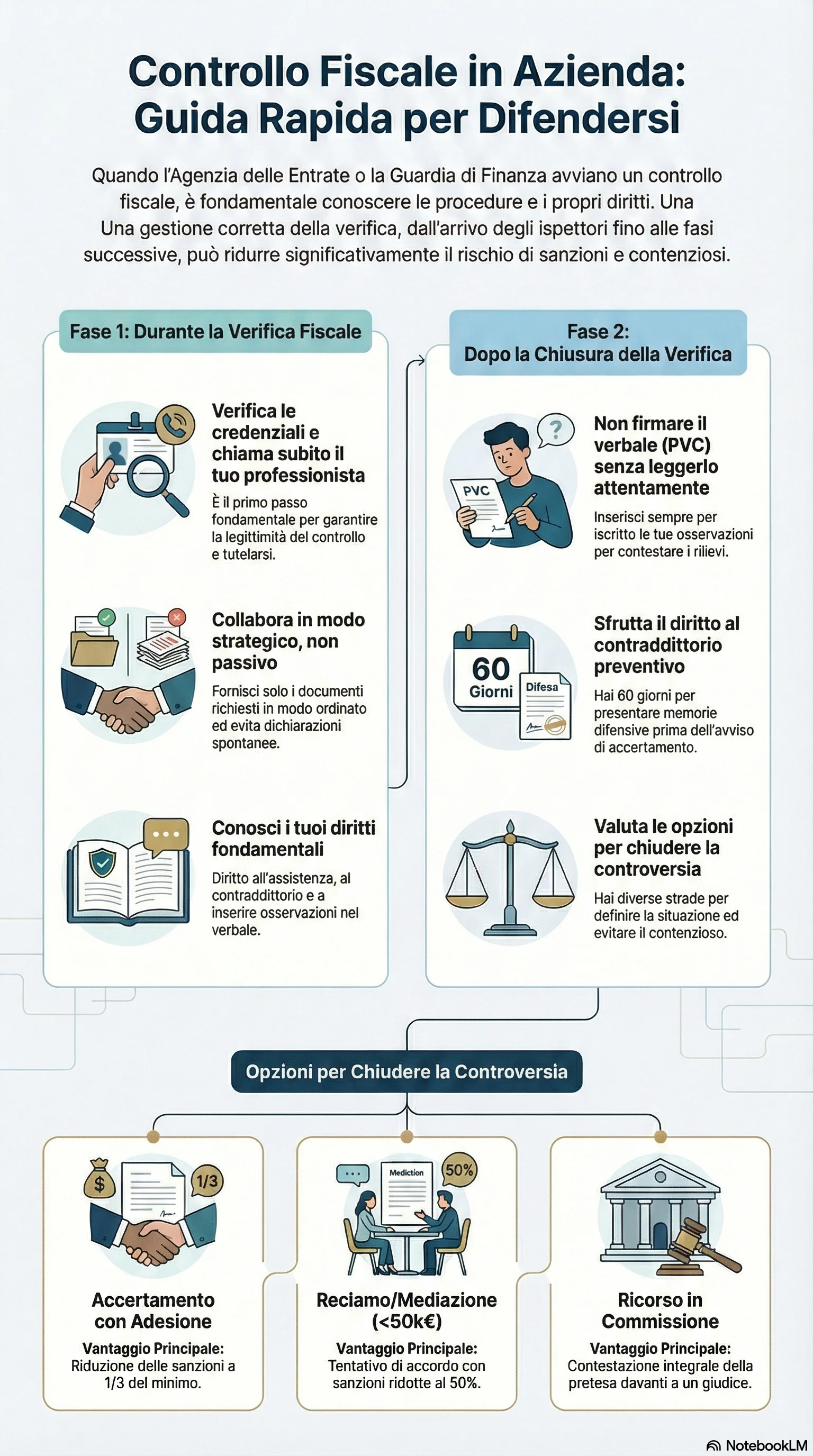 Infografica riassuntiva: Controllo Agenzia delle Entrate in Azienda: Come Difendersi