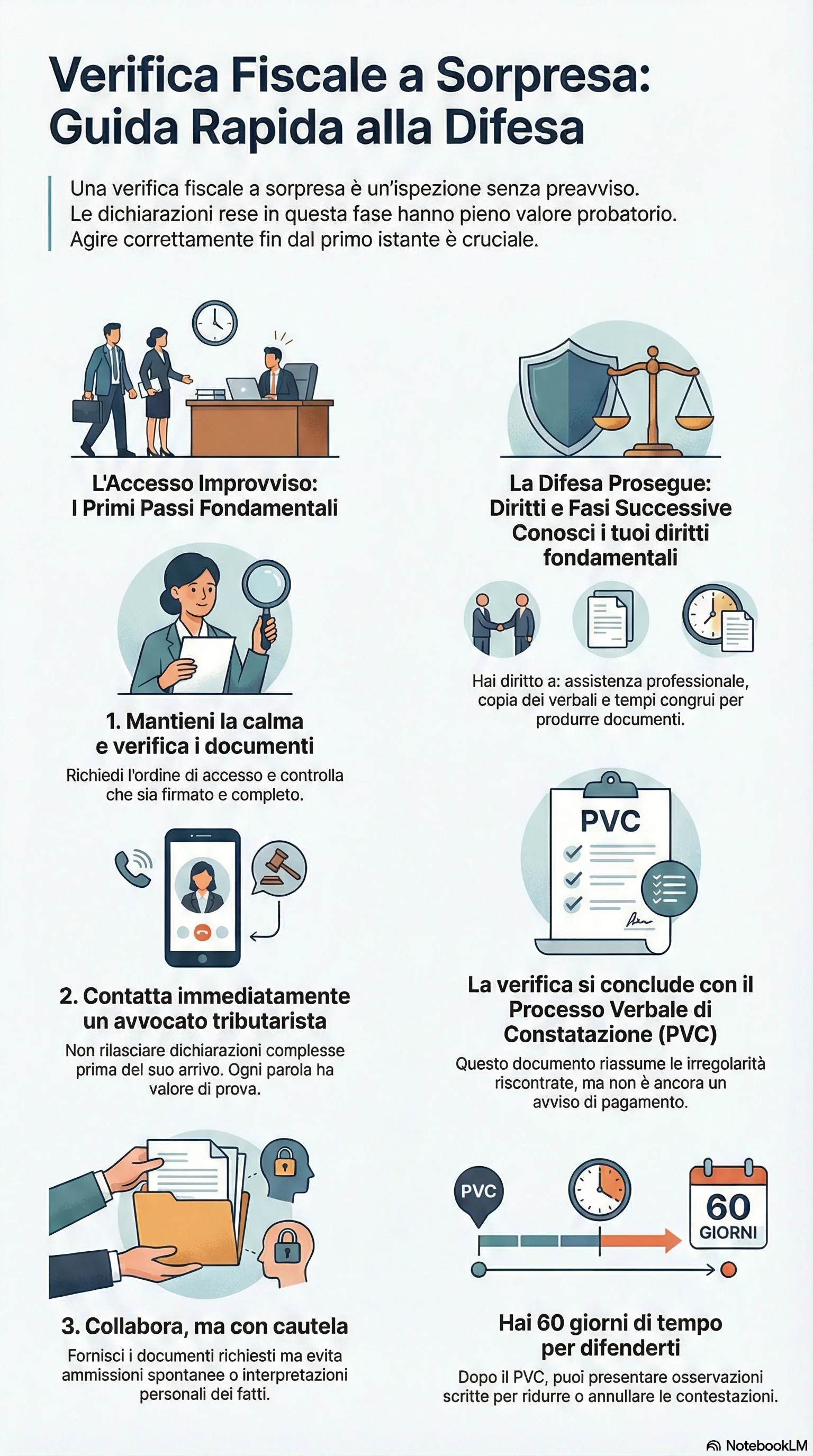 Infografica riassuntiva: Verifica Fiscale a Sorpresa: Come Difenderti con l'Avvocato