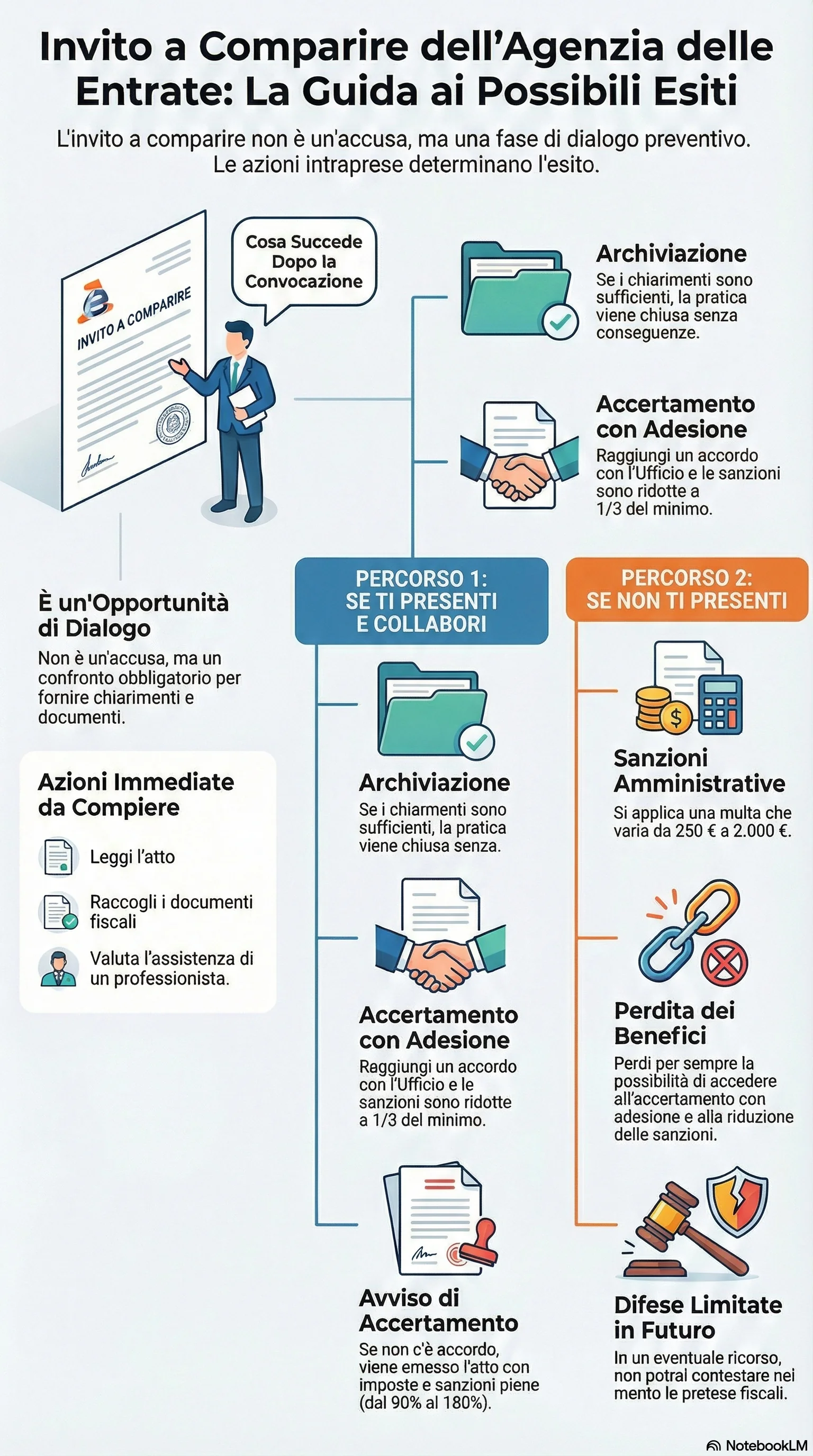 Infografica riassuntiva: Cosa Succede Dopo un Invito a Comparire dell'Agenzia delle Entrate