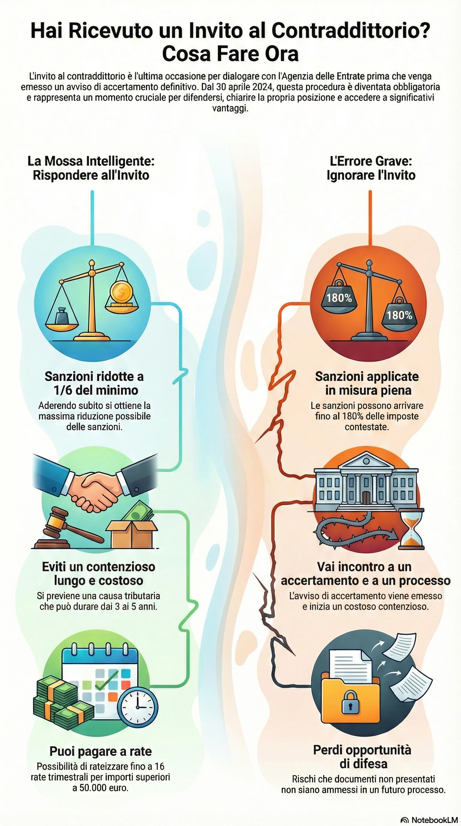 Infografica riassuntiva: Invito al Contraddittorio Agenzia delle Entrate: Come Funziona