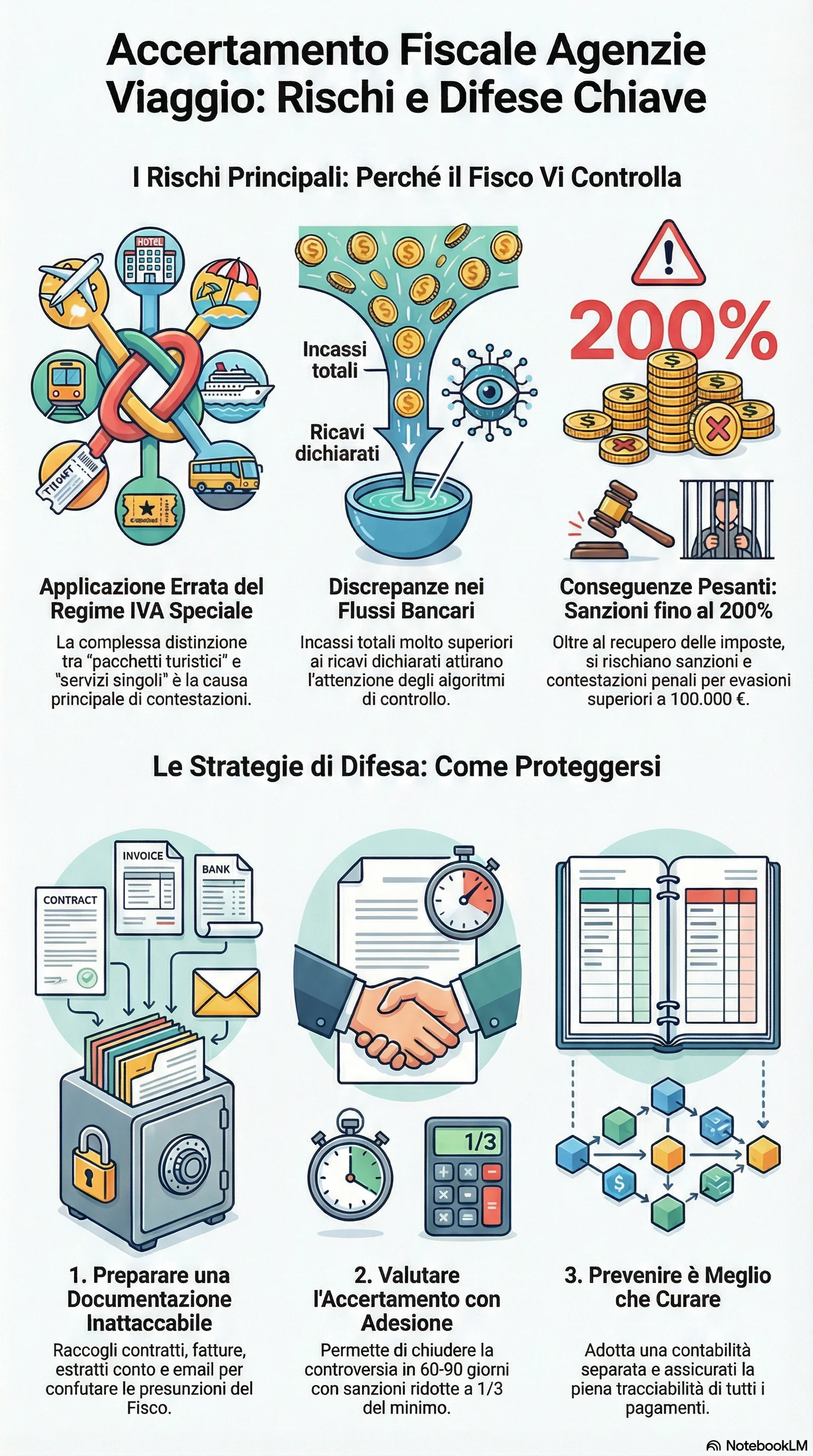 Infografica riassuntiva: Accertamento Fiscale a Agenti di Viaggio: Come Difendersi
