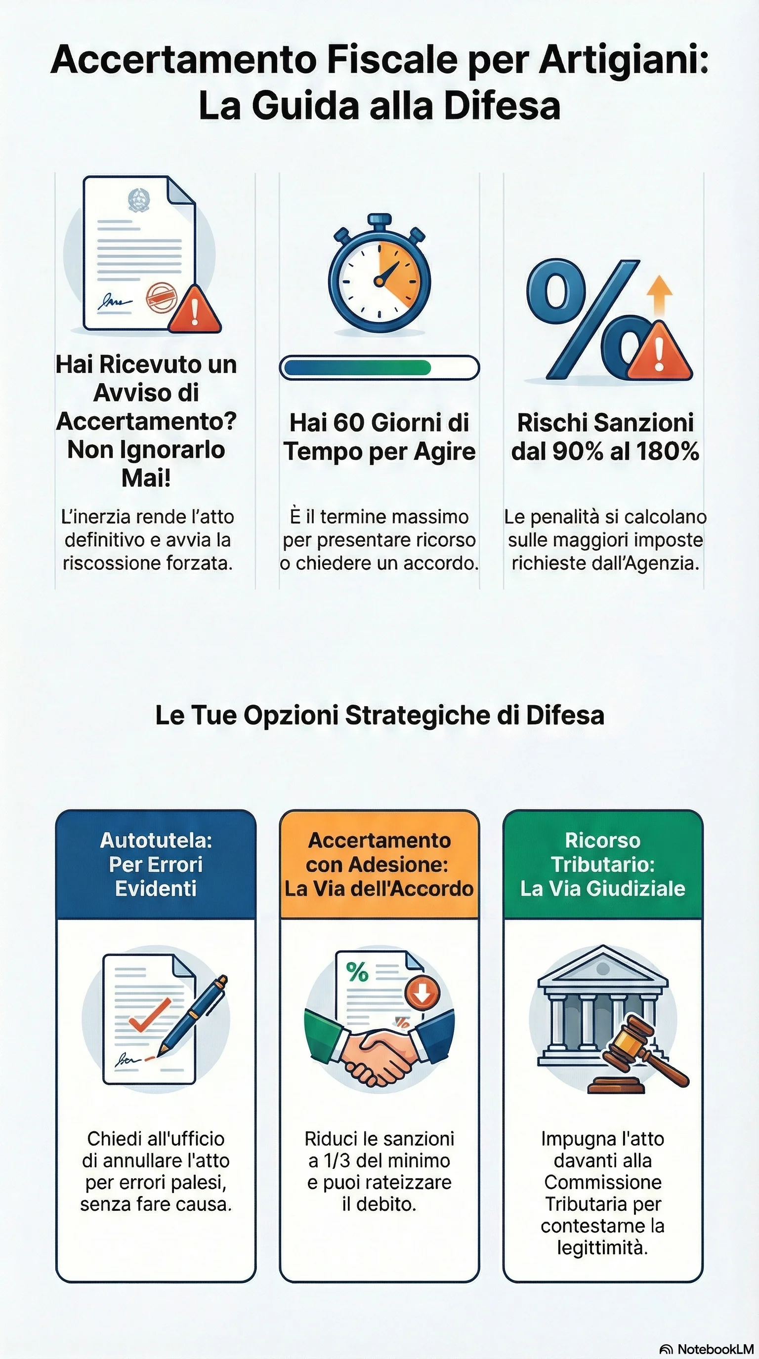 Infografica riassuntiva: Accertamento Fiscale ad Artigiani: Come Difendersi