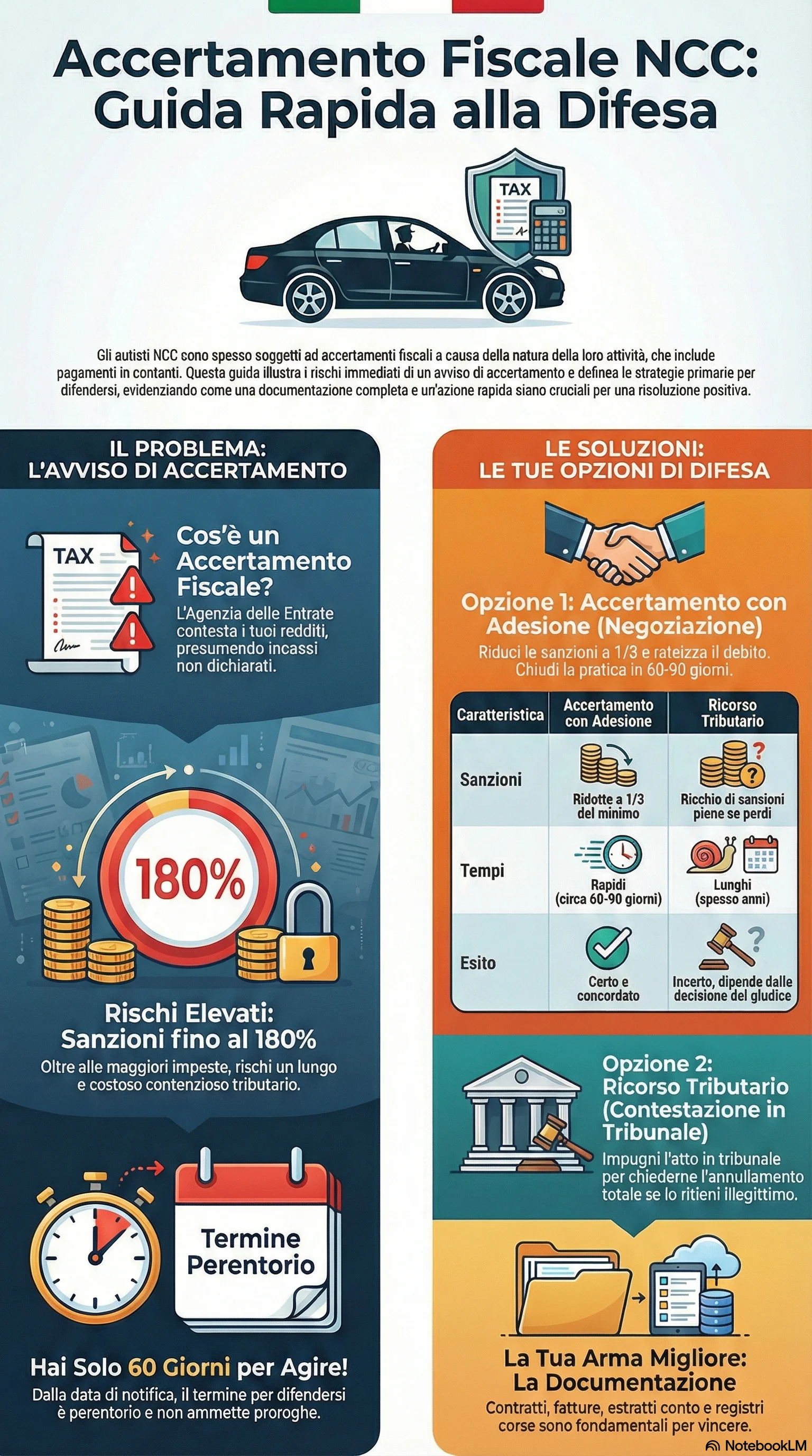 Infografica riassuntiva: Accertamento Fiscale a Autisti NCC: Come Difendersi