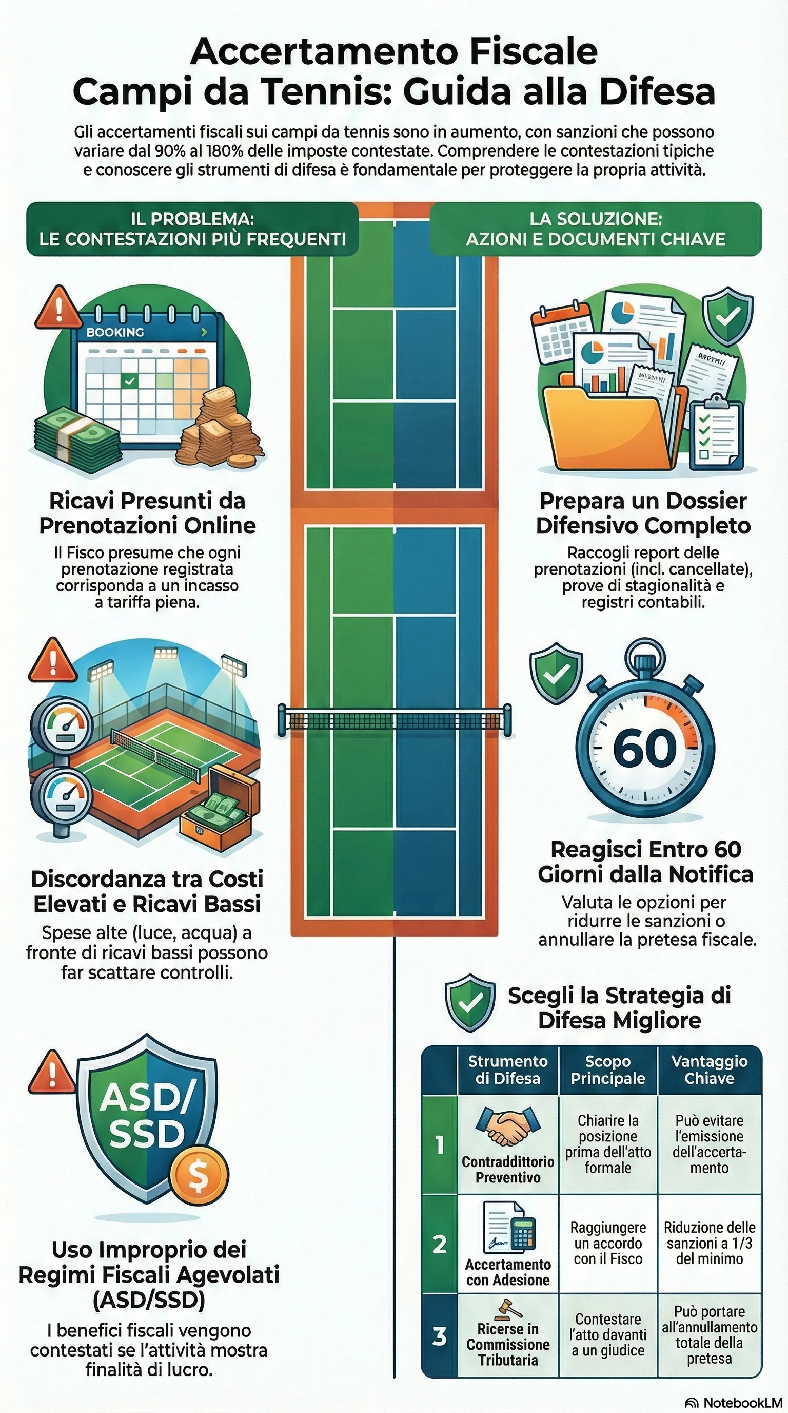 Infografica riassuntiva: Accertamento Fiscale Campi Tennis: Come Difendersi