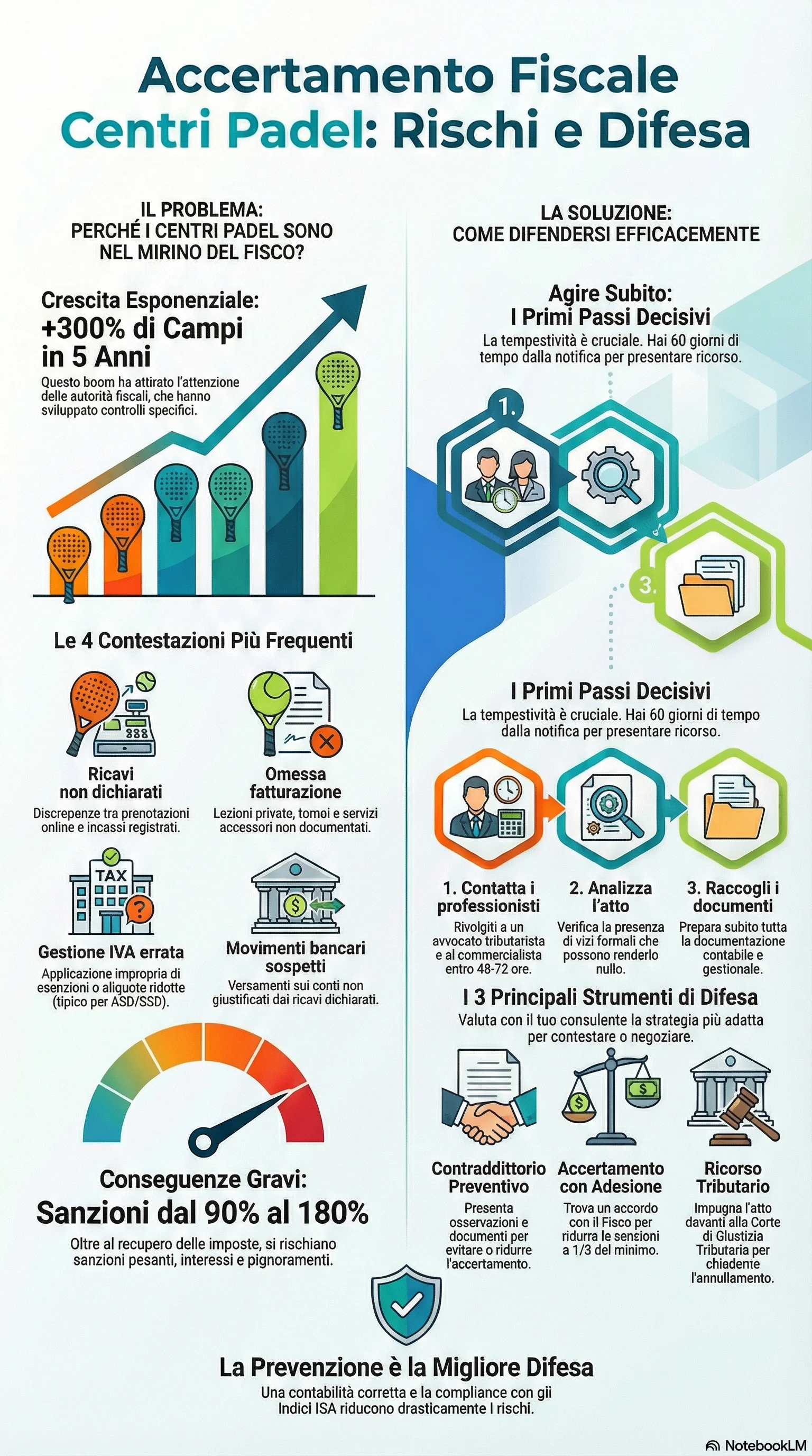 Infografica riassuntiva: Accertamento Fiscale a Centri Padel: Come Difendersi