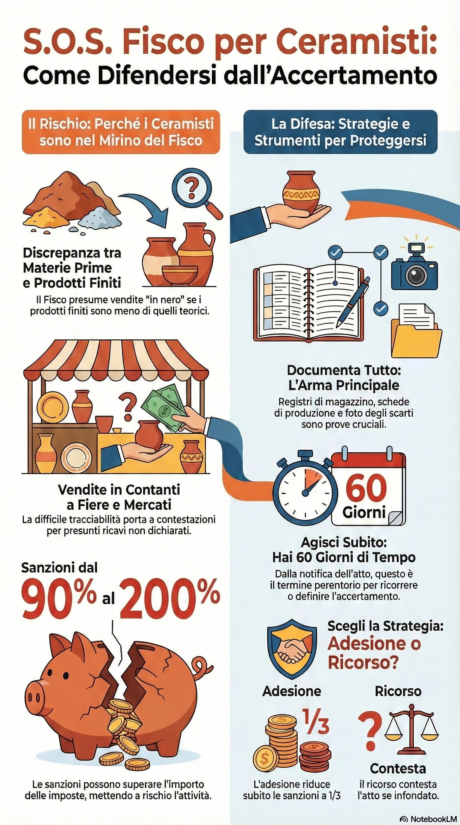 Infografica riassuntiva: Accertamento Fiscale Ceramisti: Come Difendersi