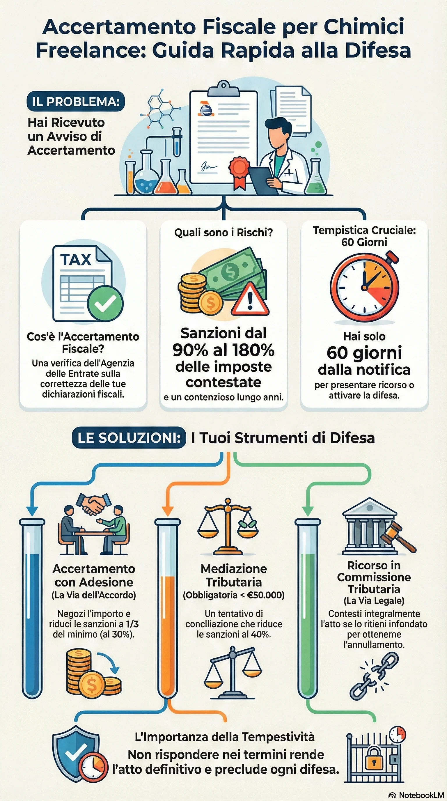 Infografica riassuntiva: Accertamento Fiscale ai Chimici Freelance: Come Difendersi