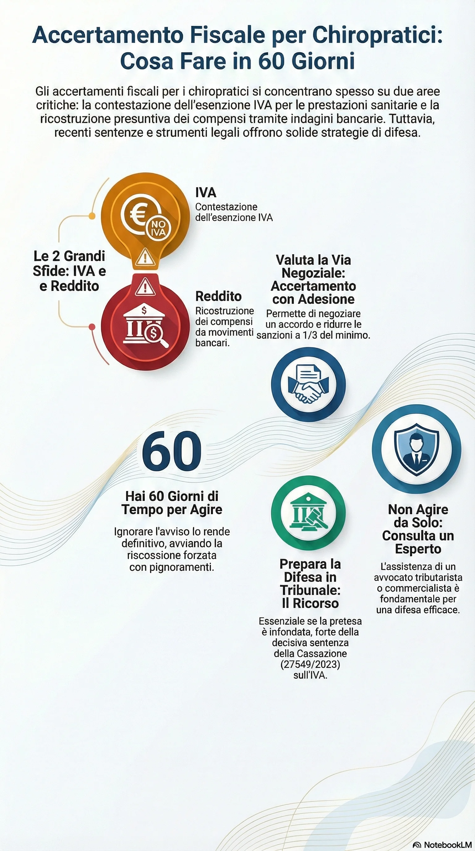 Infografica riassuntiva: Accertamento Fiscale a Chiropratici: Come Difendersi