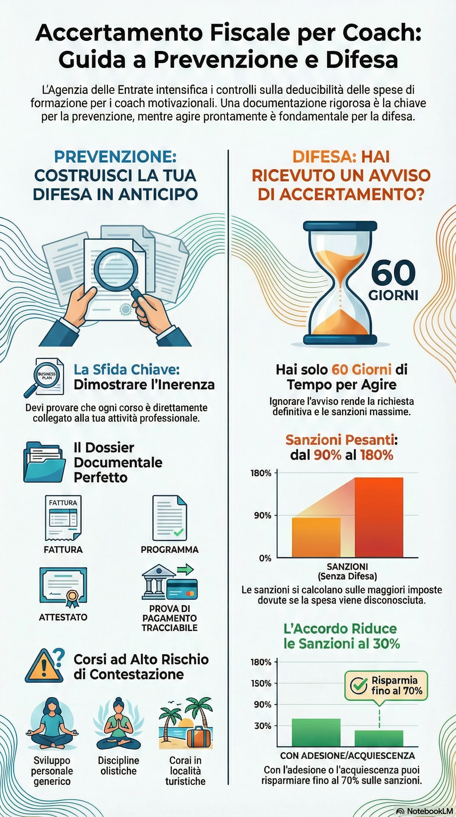 Infografica riassuntiva: Accertamento Fiscale a Coach Motivazionali: Come Difendersi
