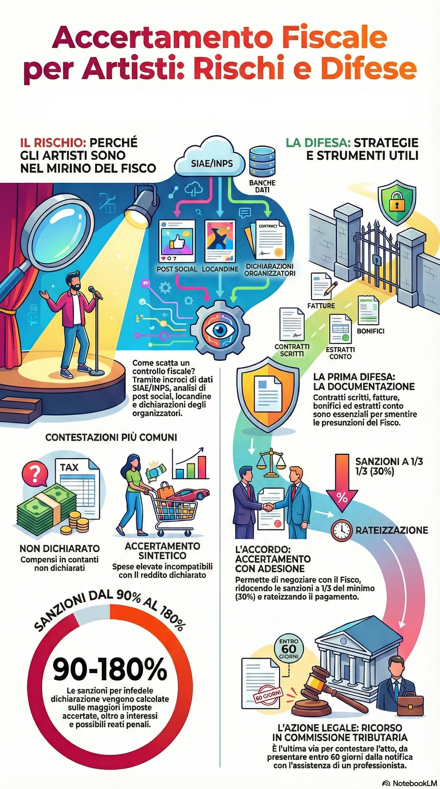Infografica riassuntiva: Accertamento Fiscale a Comici e Cabarettisti: Come Difendersi