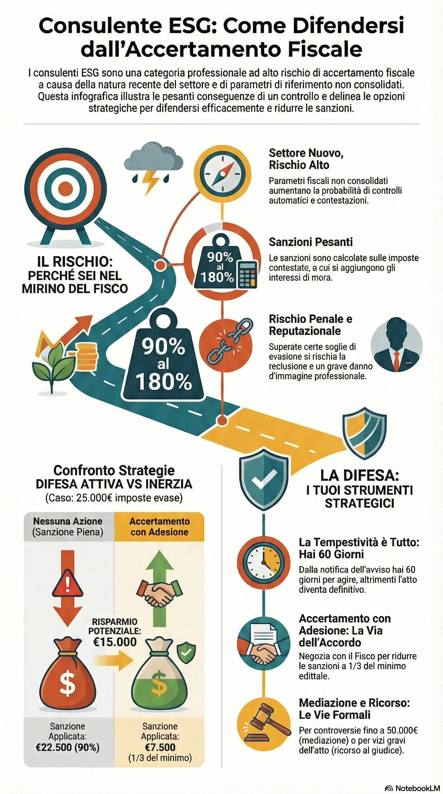 Infografica riassuntiva: Accertamento Fiscale Consulenti ESG: Come Difendersi