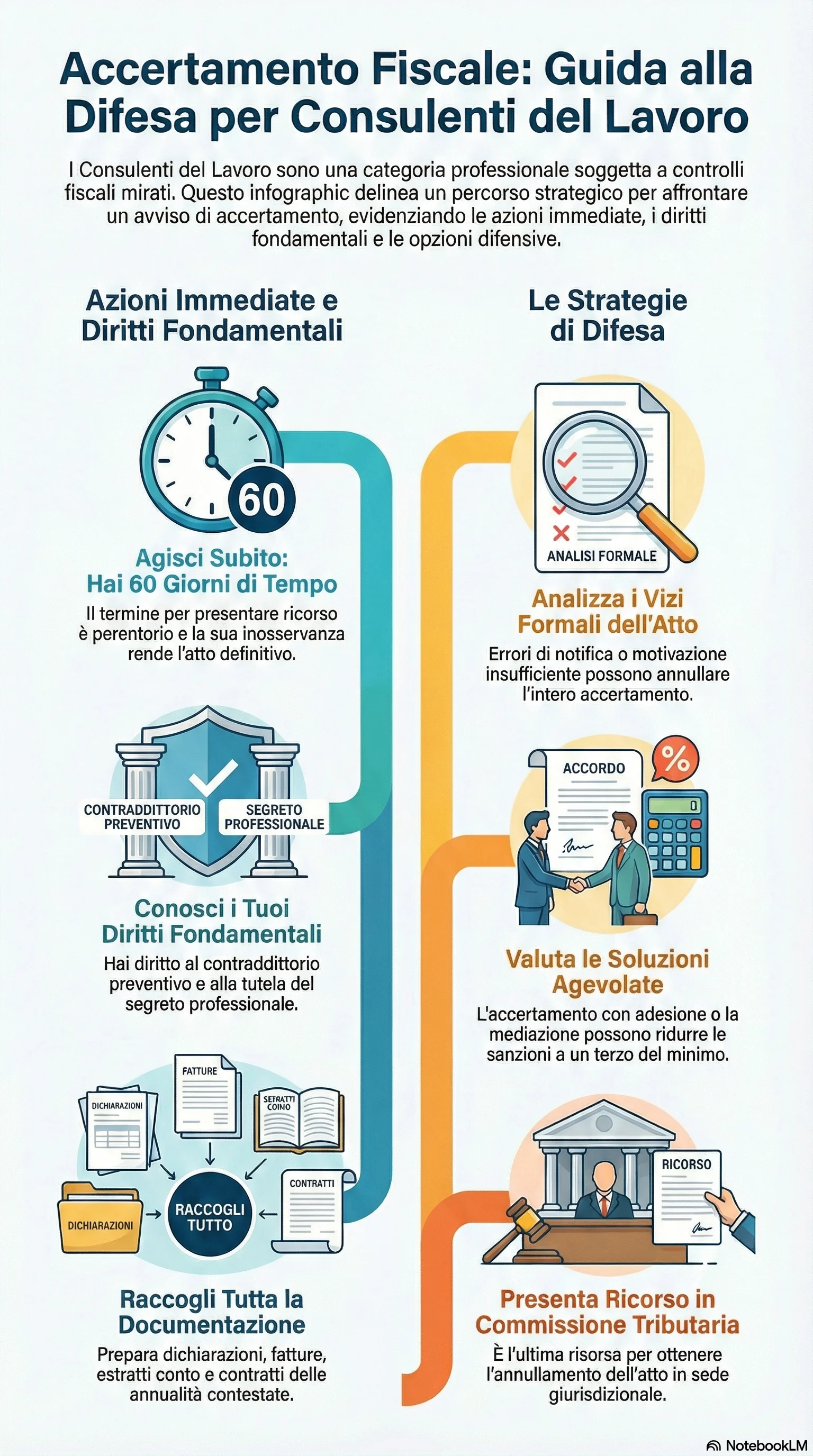 Infografica riassuntiva: Accertamento Fiscale a Consulenti del Lavoro: Come Difendersi