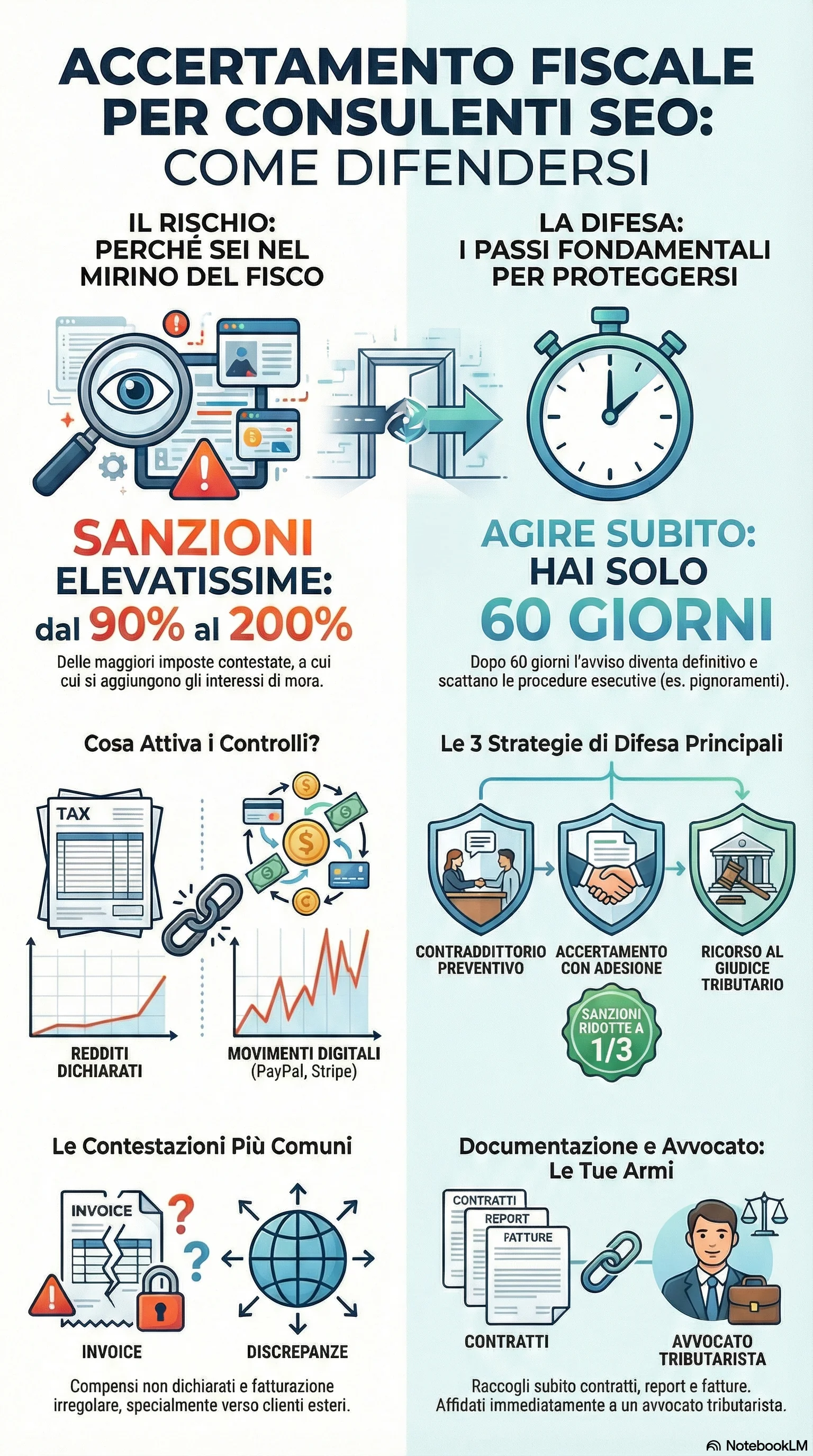 Infografica riassuntiva: Accertamento Fiscale a Consulenti SEO: Come Difendersi