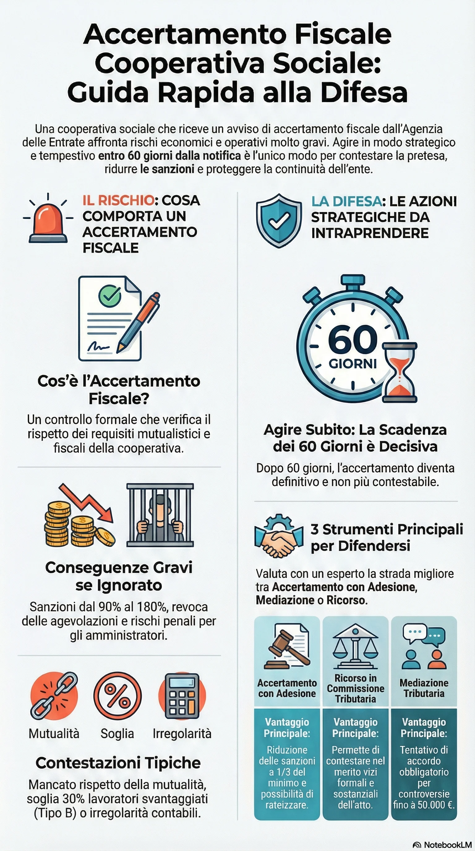 Infografica riassuntiva: Accertamento Fiscale Cooperative Sociali: Come Difendersi