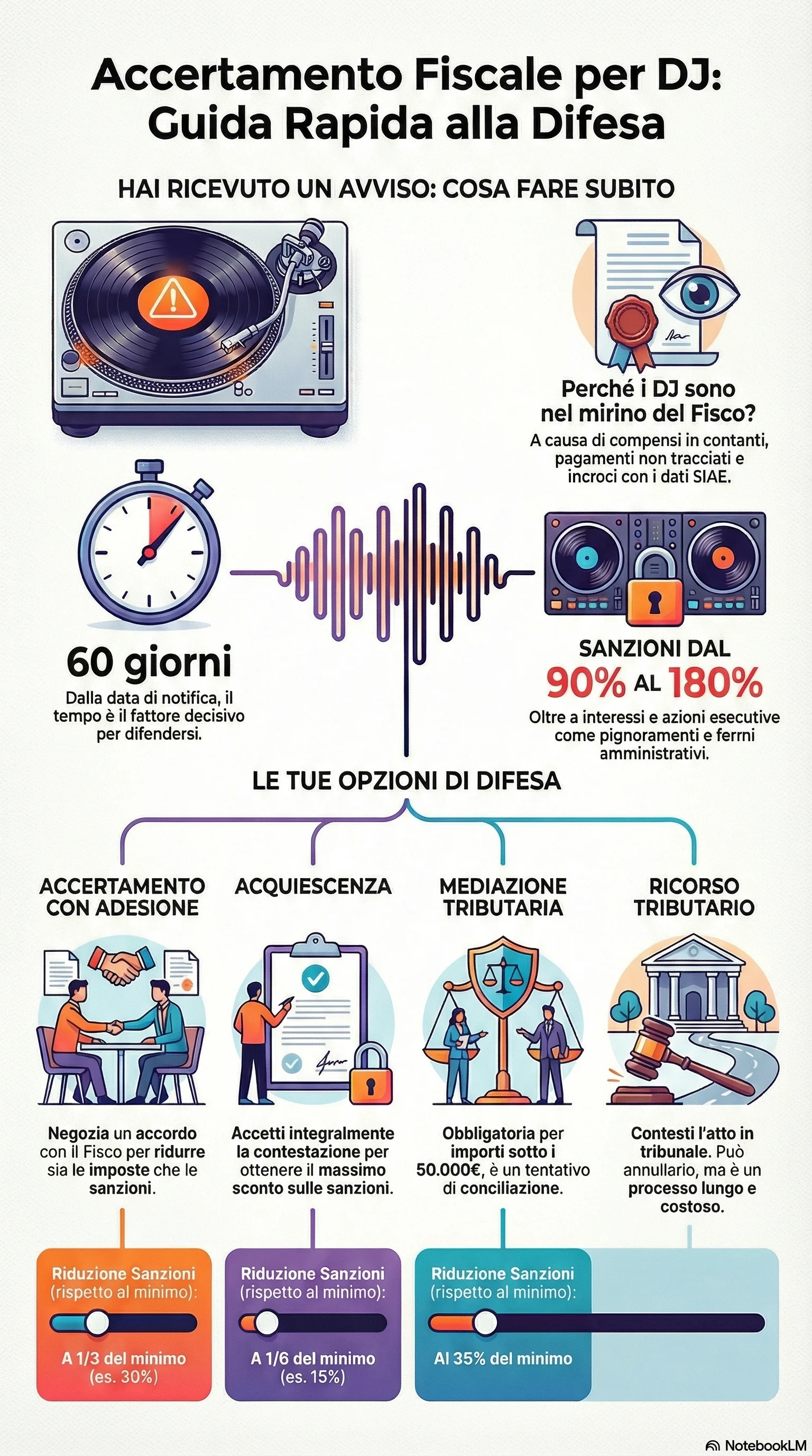 Infografica riassuntiva: Accertamento Fiscale a Deejay: Come Difendersi
