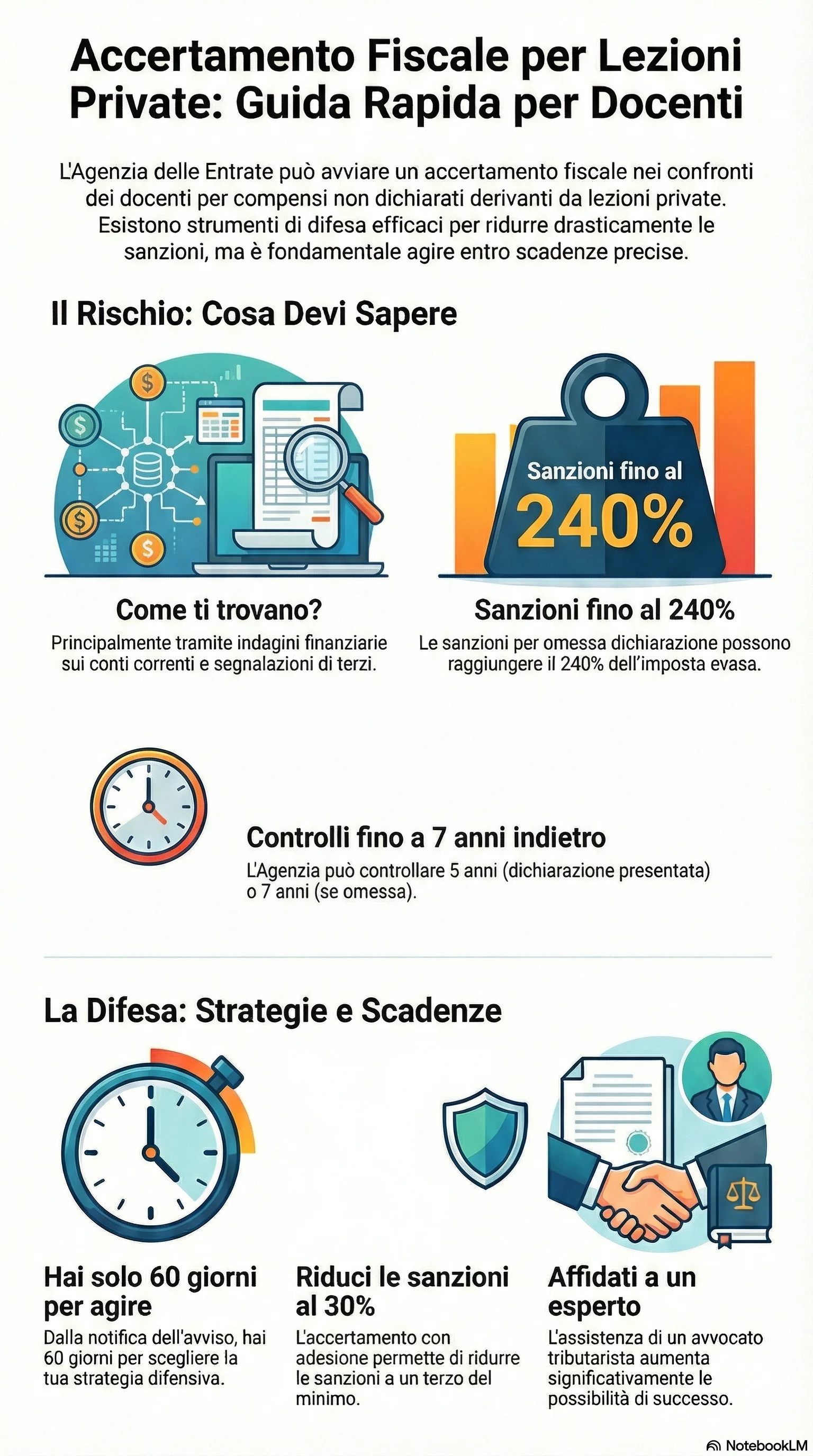 Infografica riassuntiva: Accertamento Fiscale a Docente: Come Difendersi