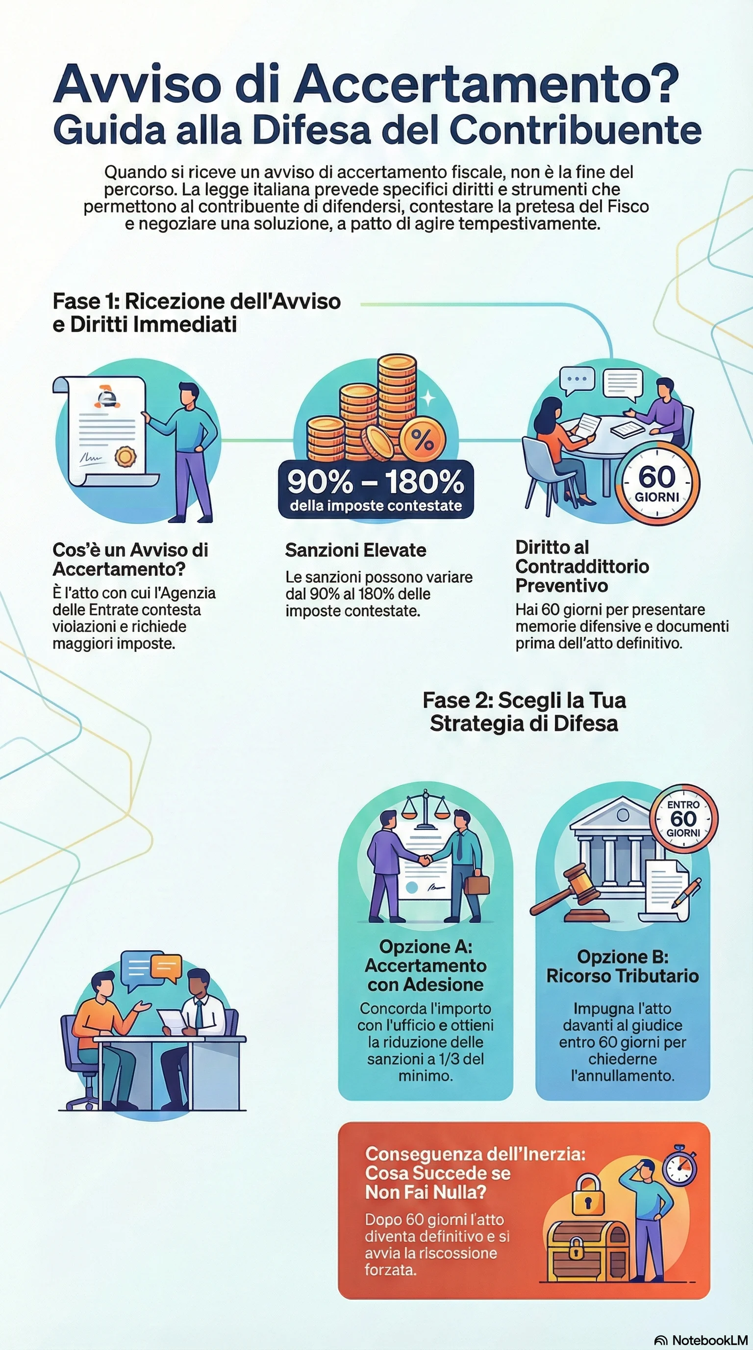 Infografica riassuntiva: Accertamento Fiscale e Diritto di Difesa: Come Tutelarsi