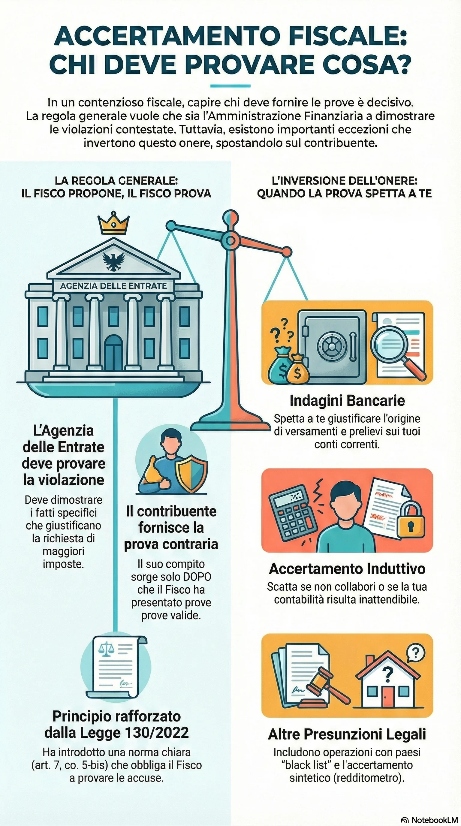 Infografica riassuntiva: Accertamento Fiscale e Onere della Prova del Contribuente