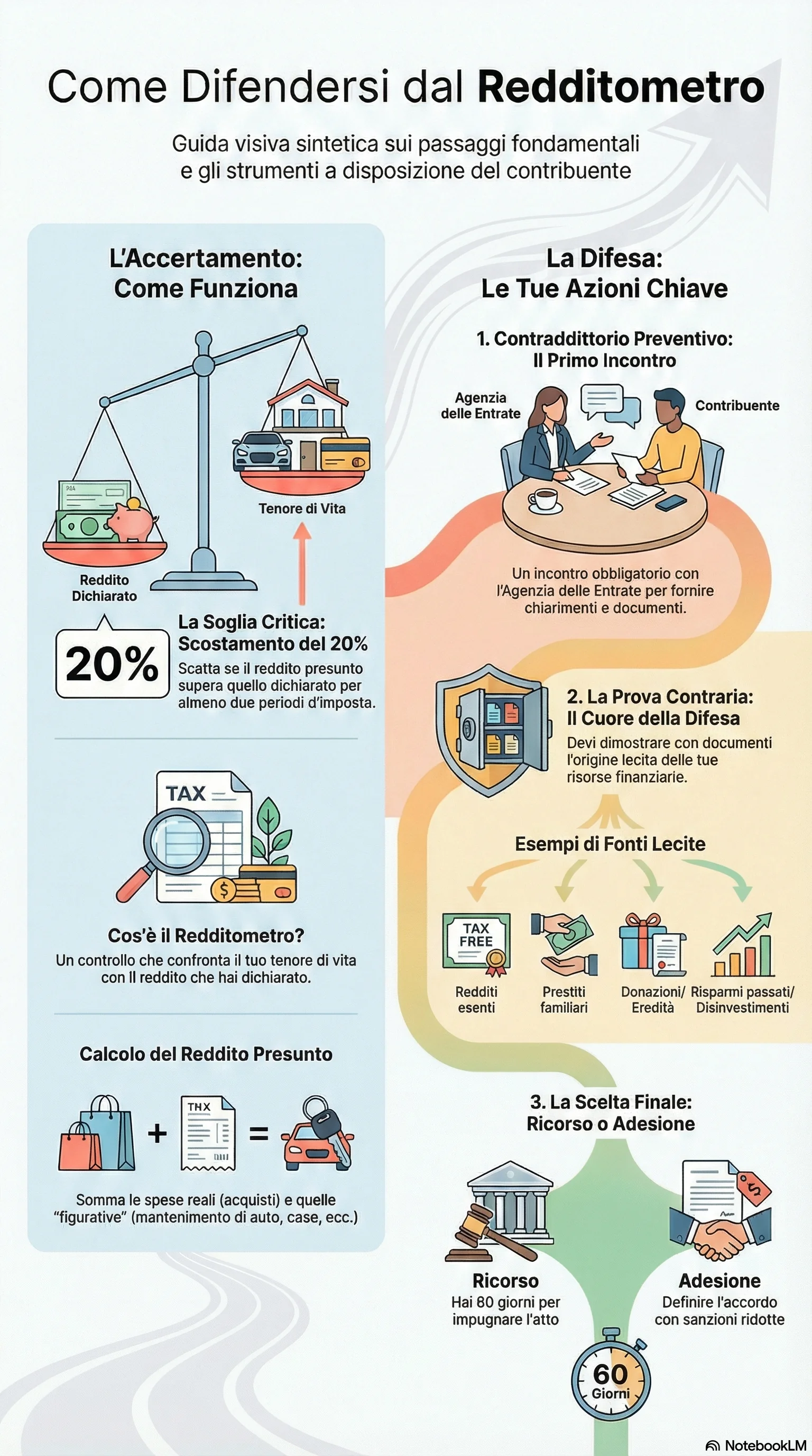 Infografica riassuntiva: Accertamento Fiscale e Redditometro: Come Difendersi