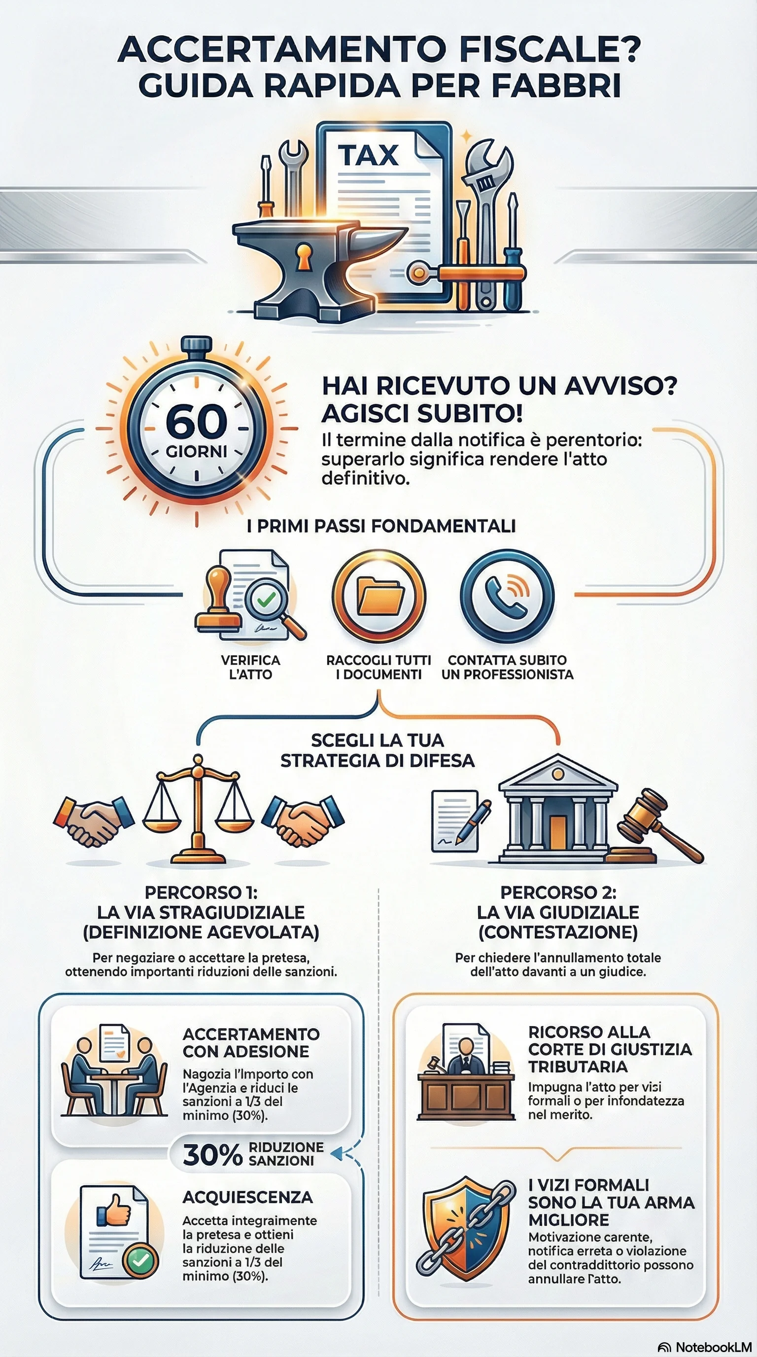 Infografica riassuntiva: Accertamento Fiscale a Fabbri: Come Difendersi