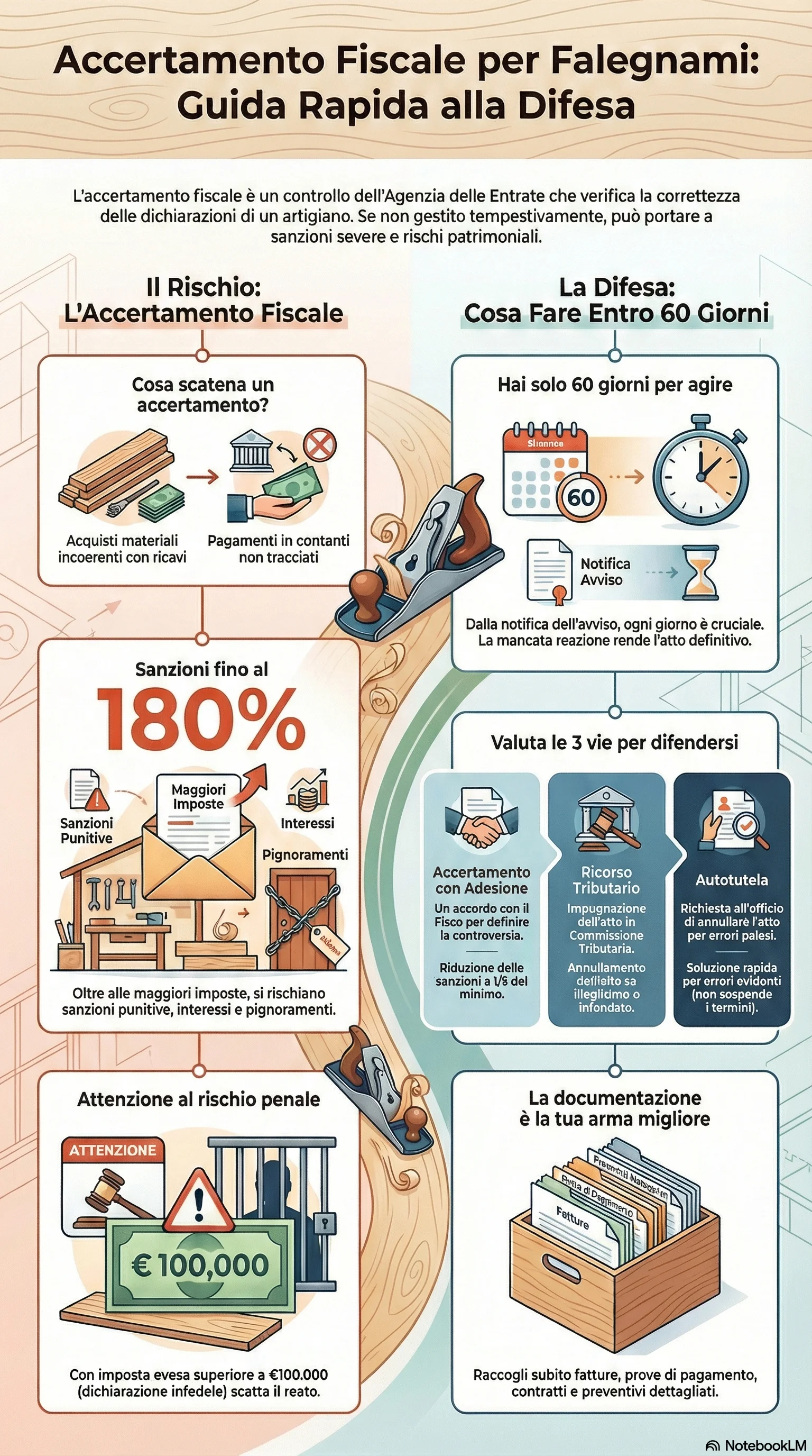 Infografica riassuntiva: Accertamento Fiscale Falegnami: Come Difendersi