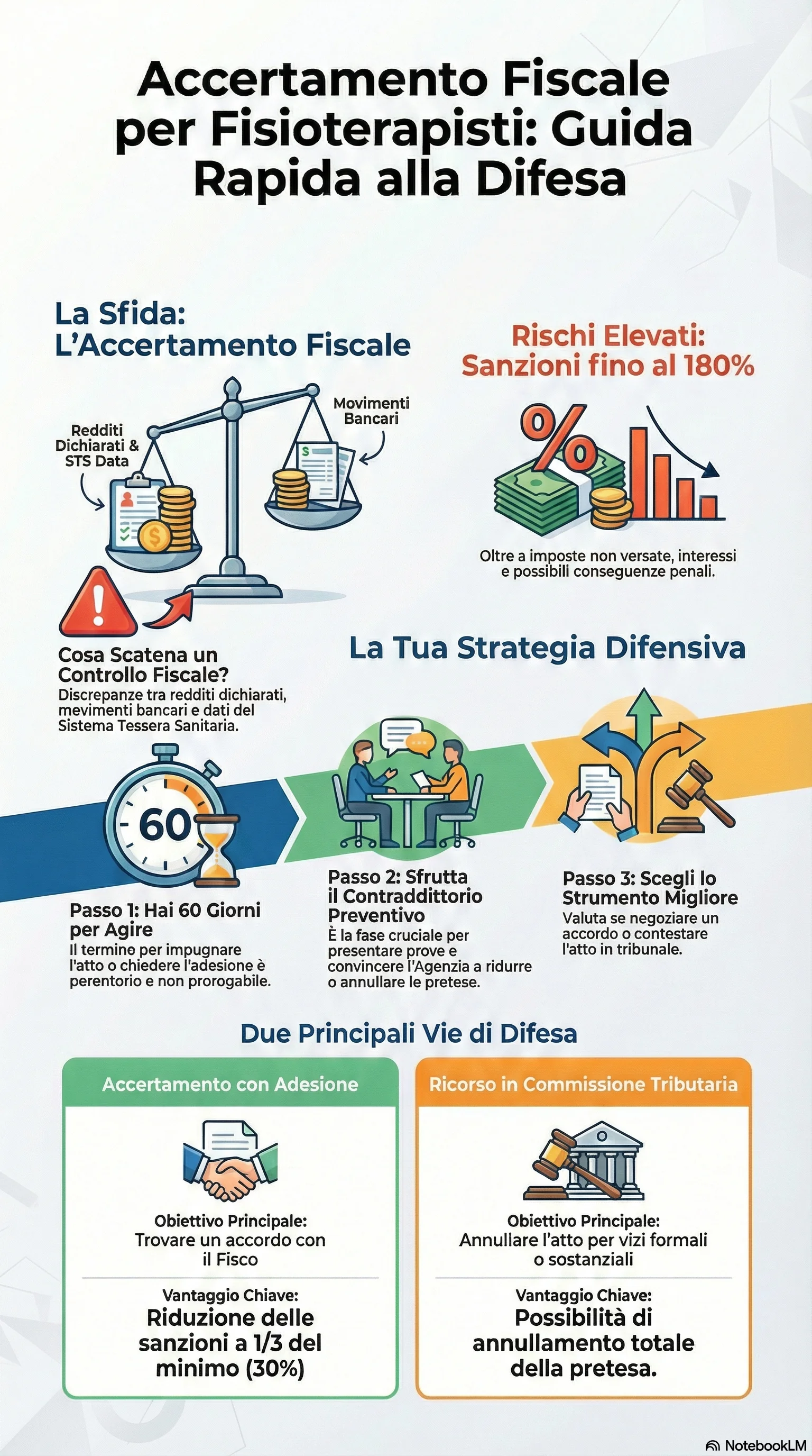 Infografica riassuntiva: Accertamento Fiscale a Fisioterapisti: Come Difendersi