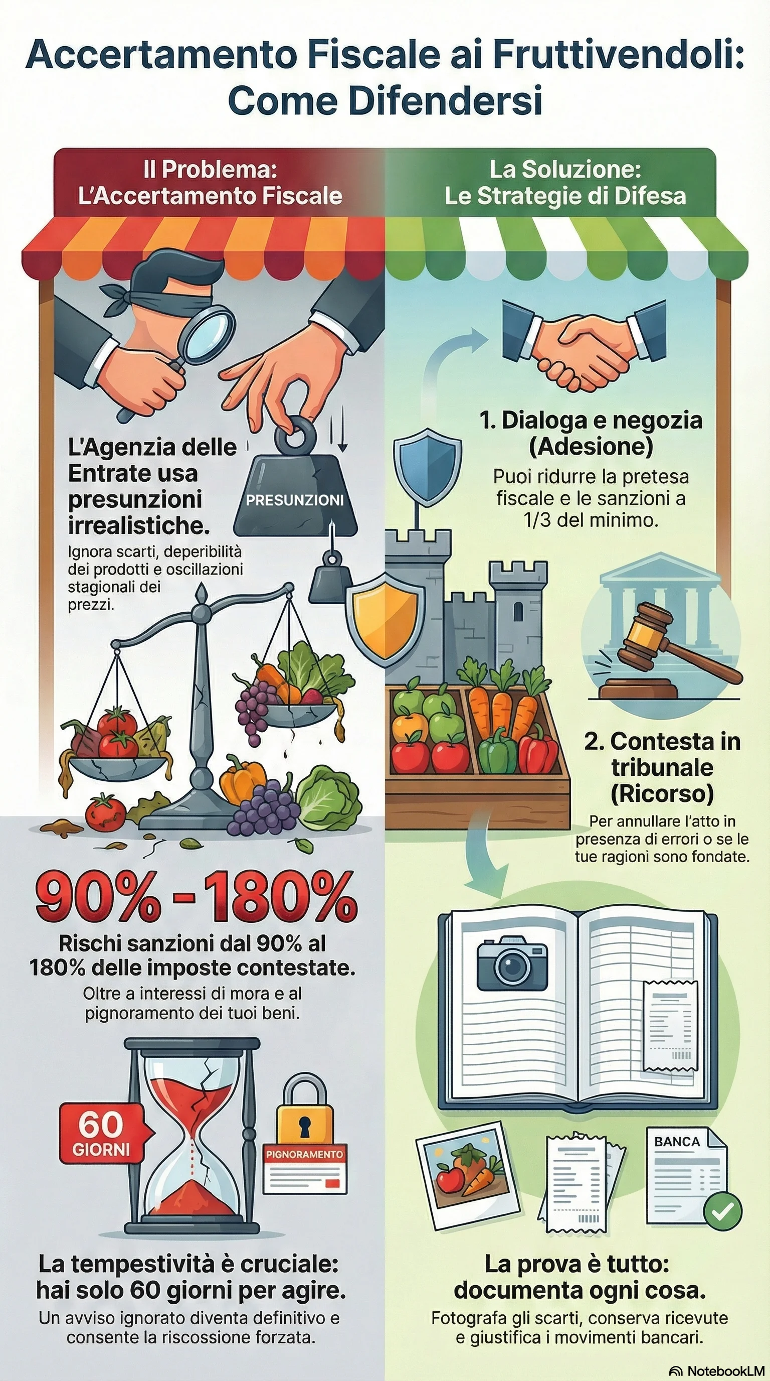 Infografica riassuntiva: Accertamento Fiscale a Fruttivendoli: Come Difendersi