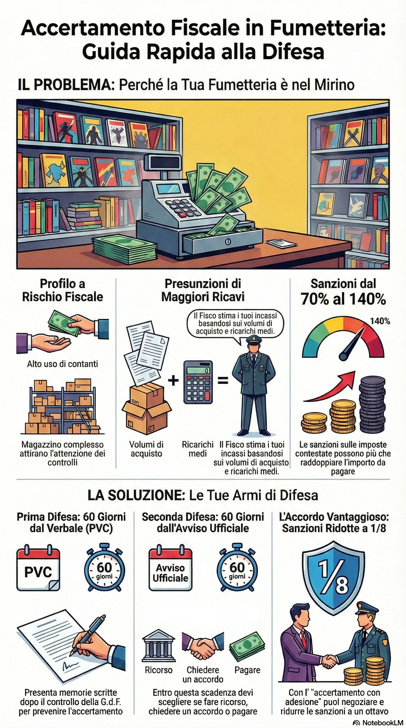 Infografica riassuntiva: Accertamento Fiscale a Fumetterie: Come Difendersi