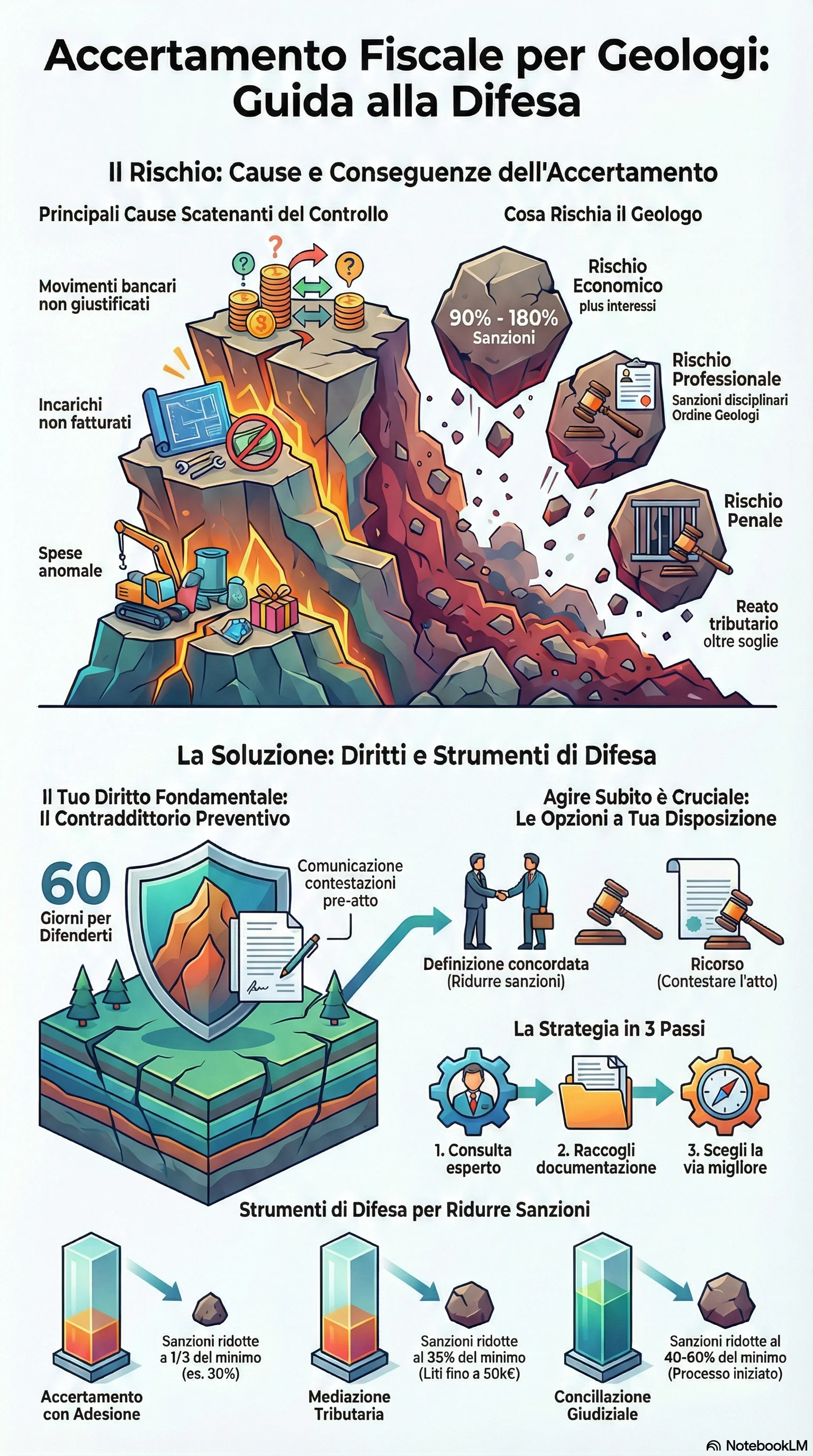 Infografica riassuntiva: Accertamento Fiscale a Geologi: Come Difendersi