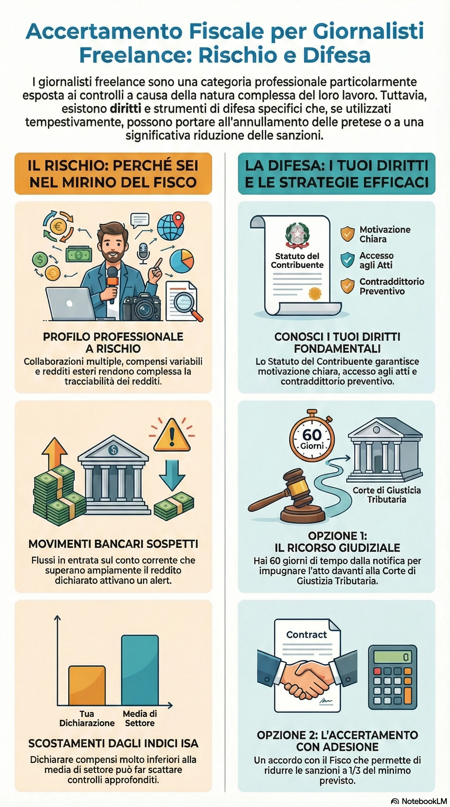 Infografica riassuntiva: Accertamento Fiscale Giornalisti Freelance: Guida alla Difesa