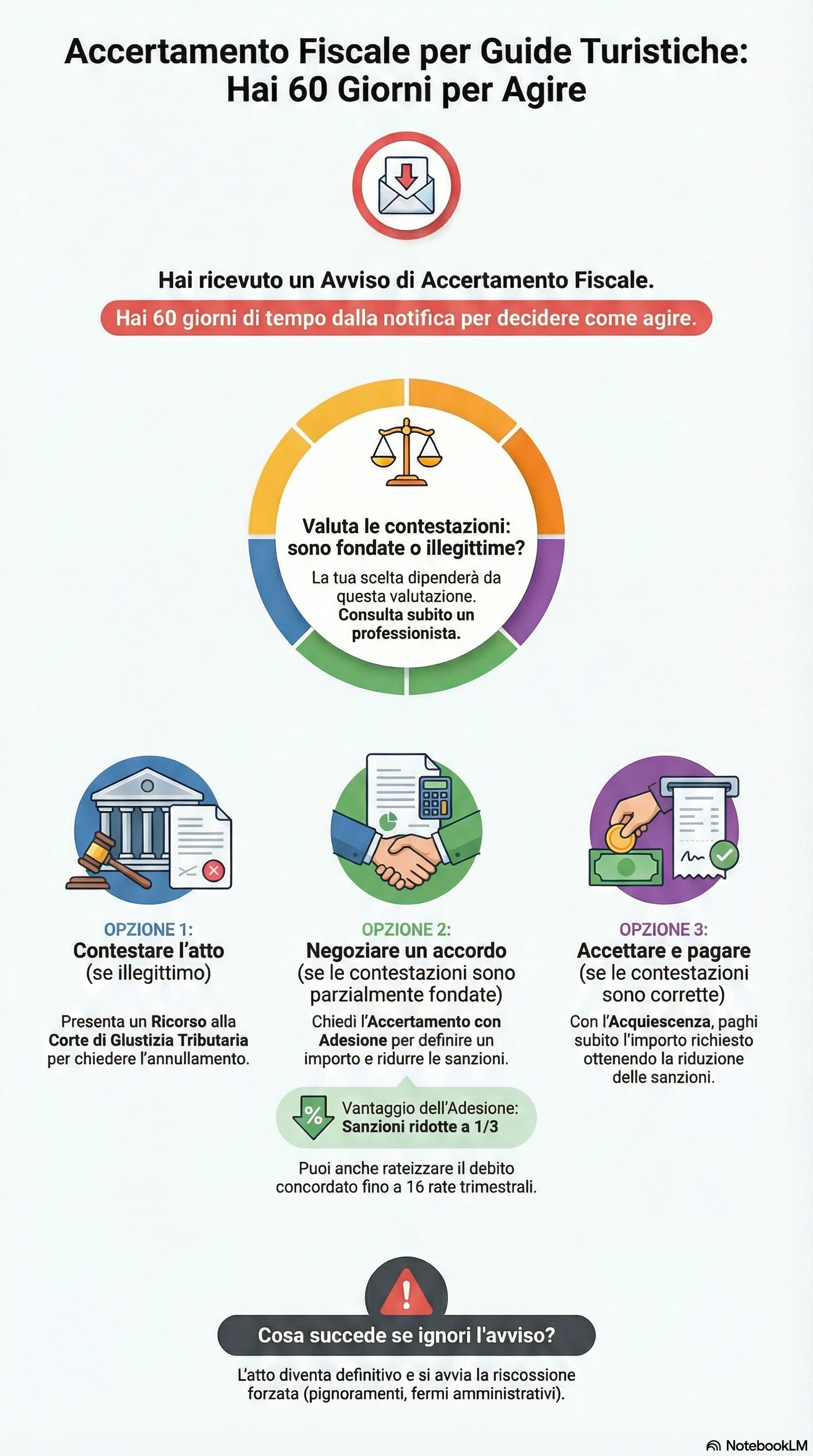 Infografica riassuntiva: Accertamento Fiscale Guide Turistiche: Come Difendersi