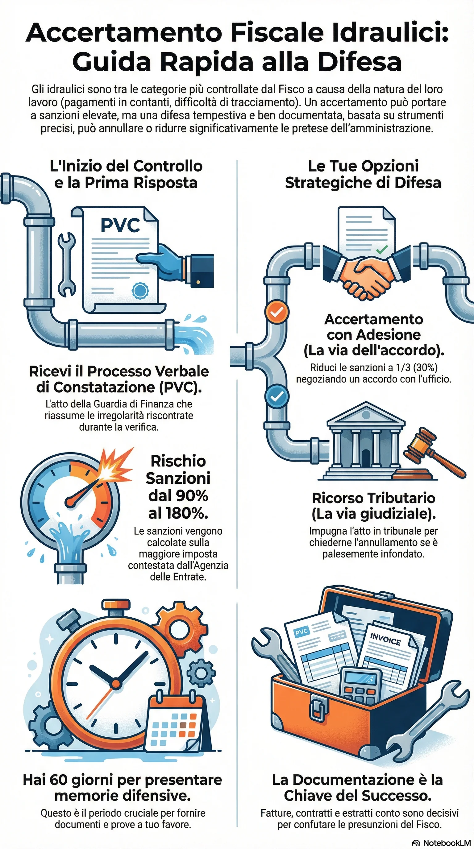 Infografica riassuntiva: Accertamento Fiscale Idraulici: Come Difendersi