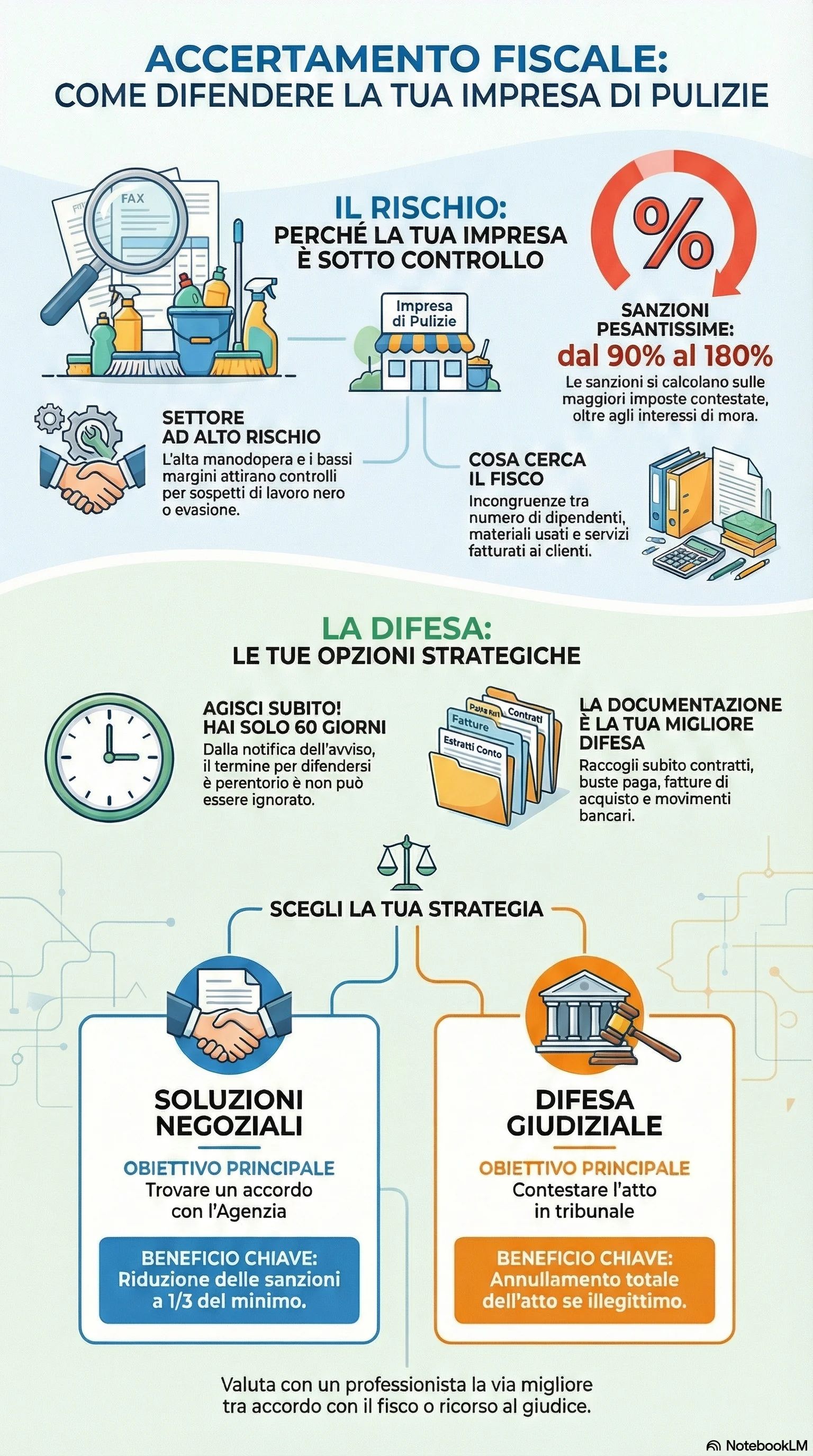 Infografica riassuntiva: Accertamento Fiscale Imprese di Pulizie: Come Difendersi