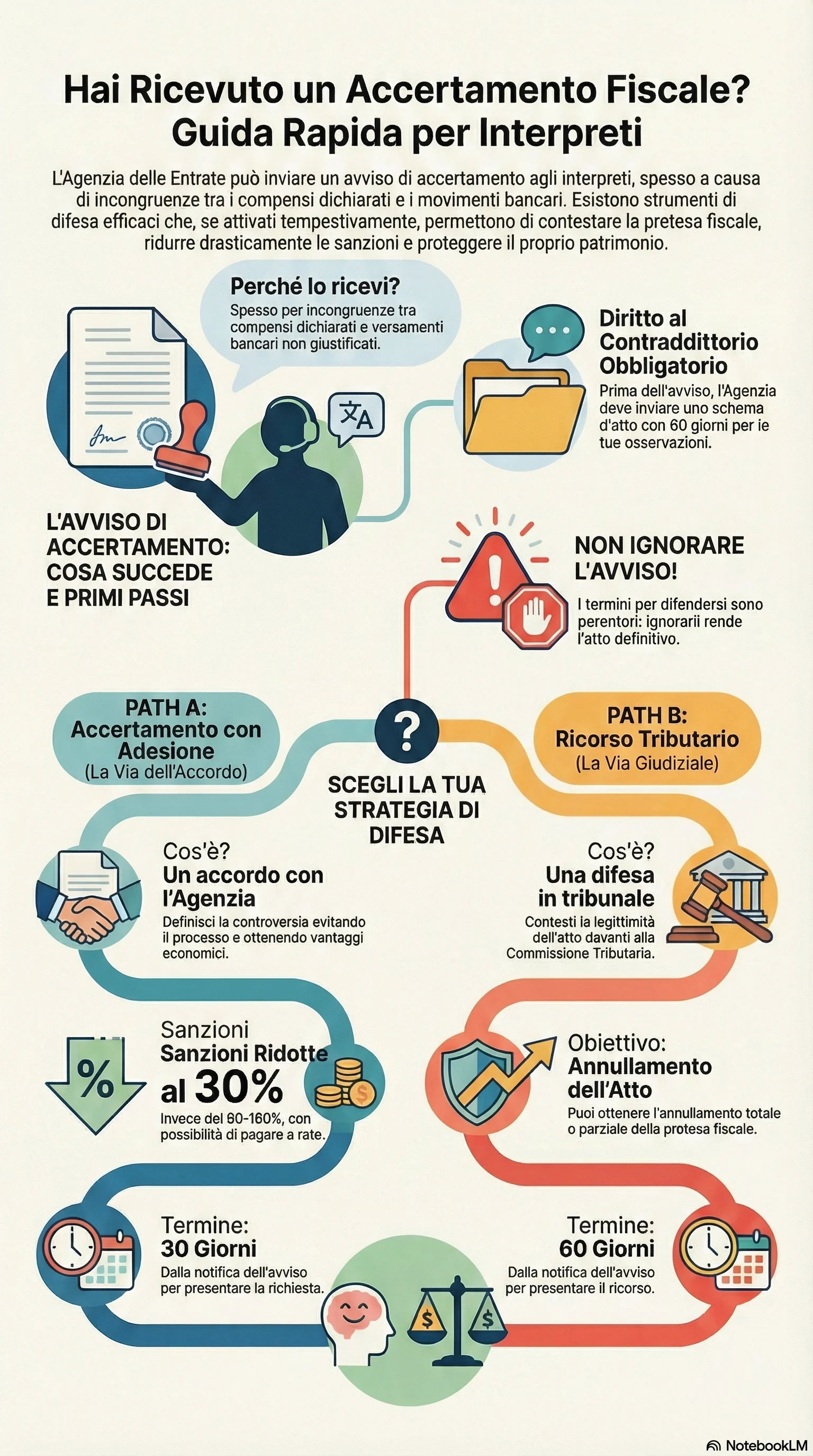 Infografica riassuntiva: Accertamento Fiscale Ad Interprete: Come Difendersi