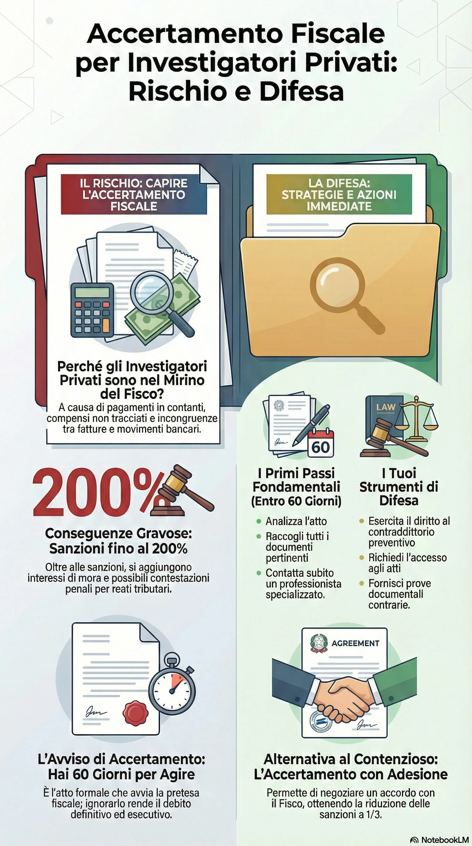 Infografica riassuntiva: Accertamento Fiscale a Investigatori Privati: Come Difendersi