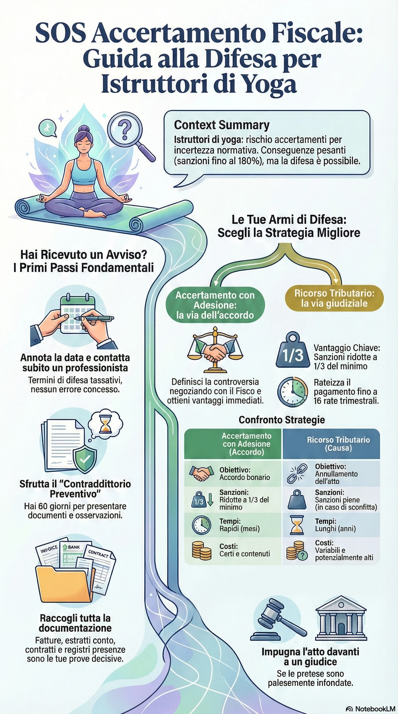 Infografica riassuntiva: Accertamento Fiscale a Istruttori di Yoga: Come Difendersi