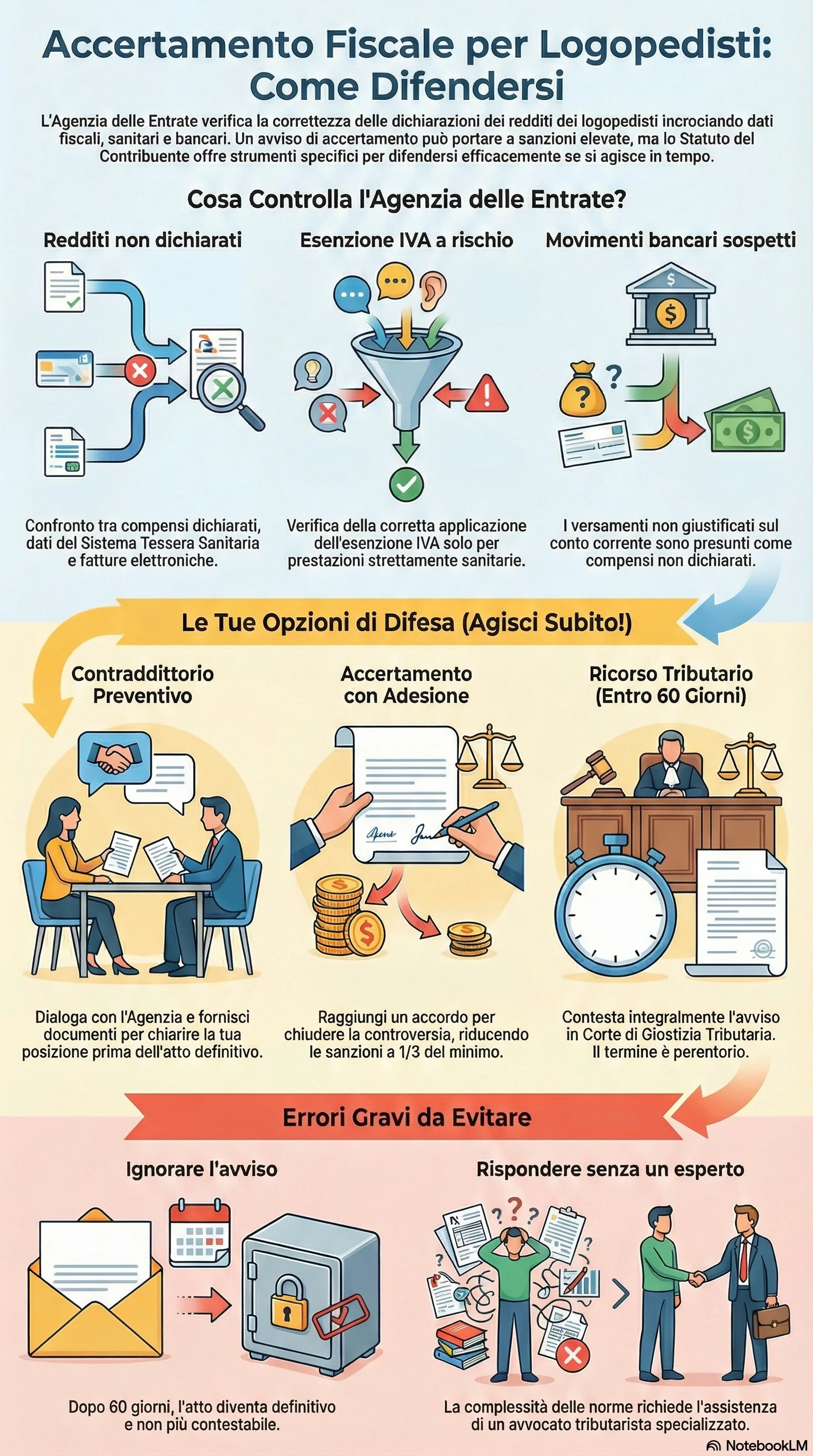 Infografica riassuntiva: Accertamento Fiscale a Logopedisti: Come Difendersi