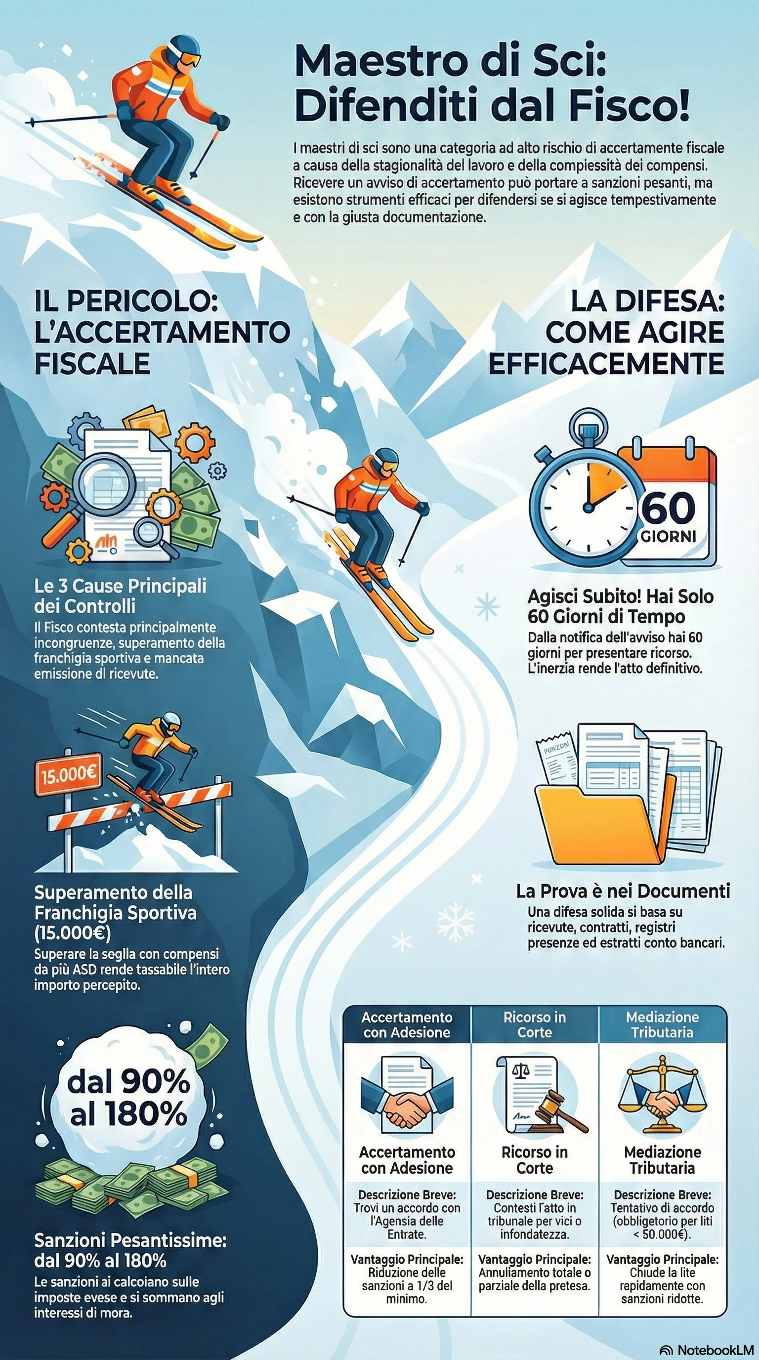 Infografica riassuntiva: Accertamento Fiscale Maestri di Sci: Come Difendersi