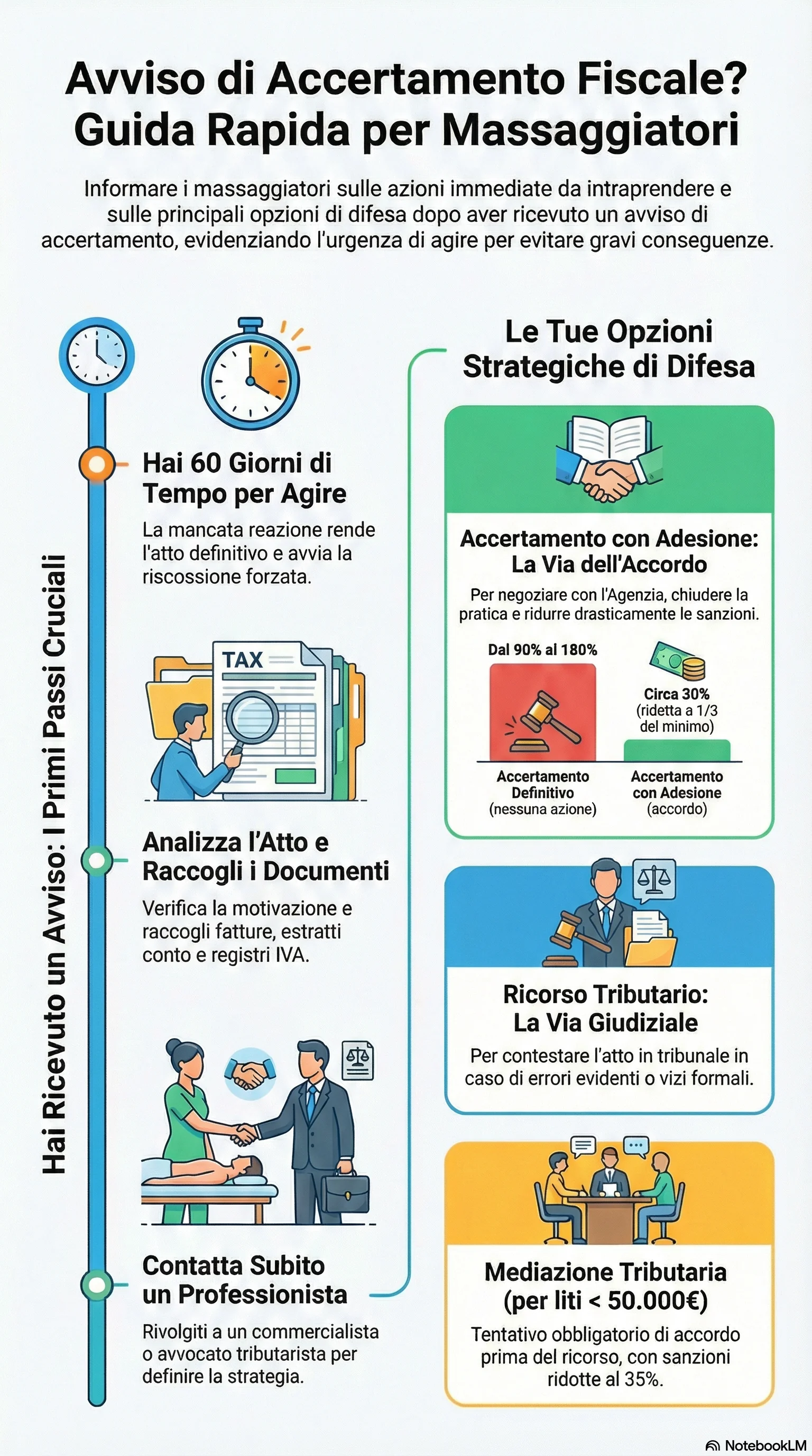 Infografica riassuntiva: Accertamento Fiscale a Massaggiatori: Come Difendersi