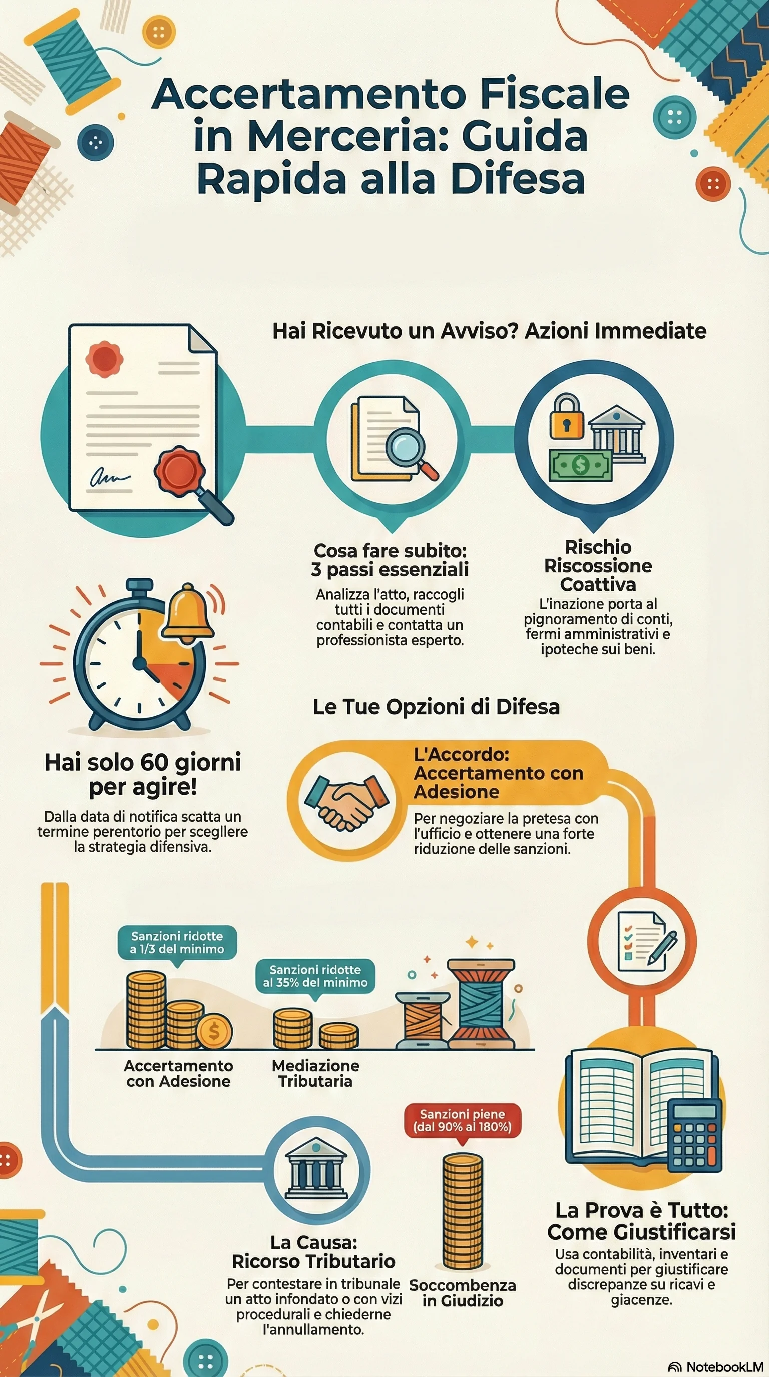 Infografica riassuntiva: Accertamento Fiscale a Mercerie: Guida alla Difesa