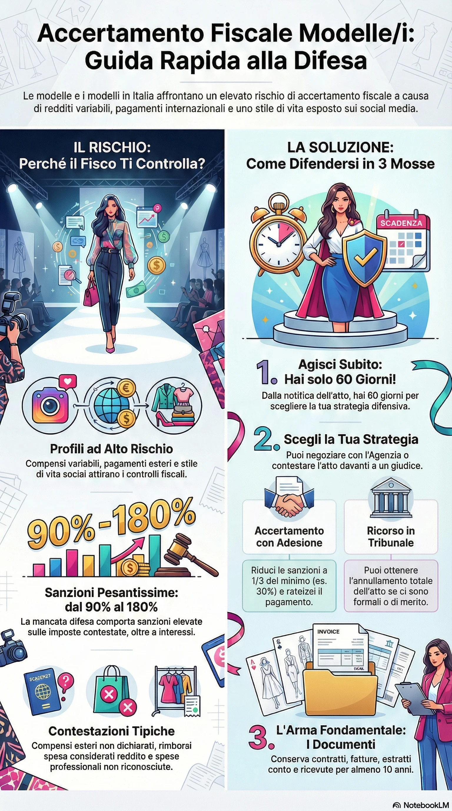 Infografica riassuntiva: Accertamento Fiscale Modelle e Modelli: Guida alla Difesa