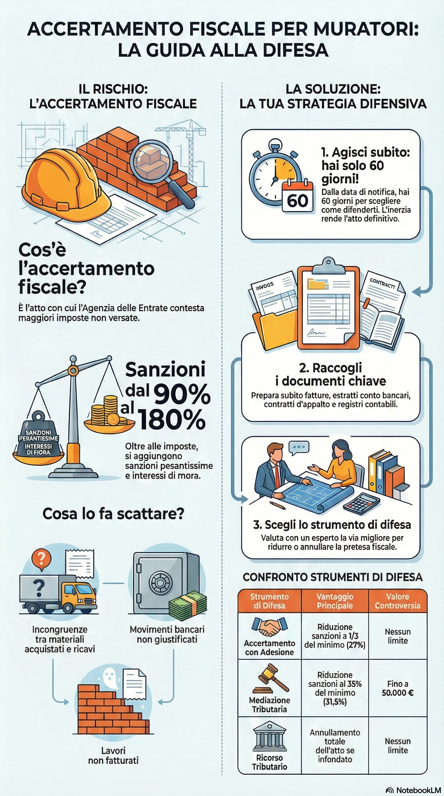 Infografica riassuntiva: Accertamento Fiscale Muratori: Come Difendersi