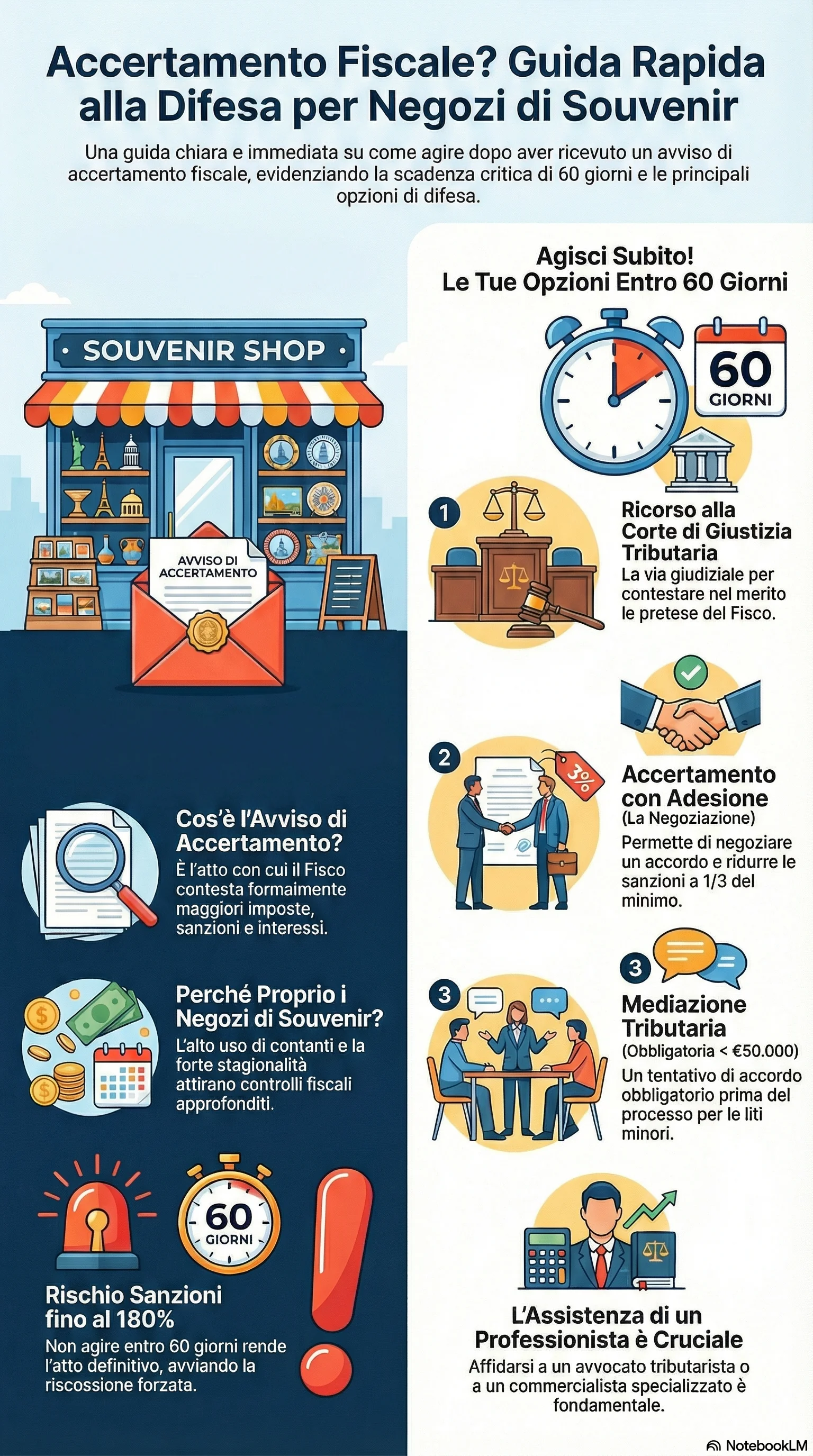 Infografica riassuntiva: Accertamento Fiscale Negozi Souvenir: Come Difendersi