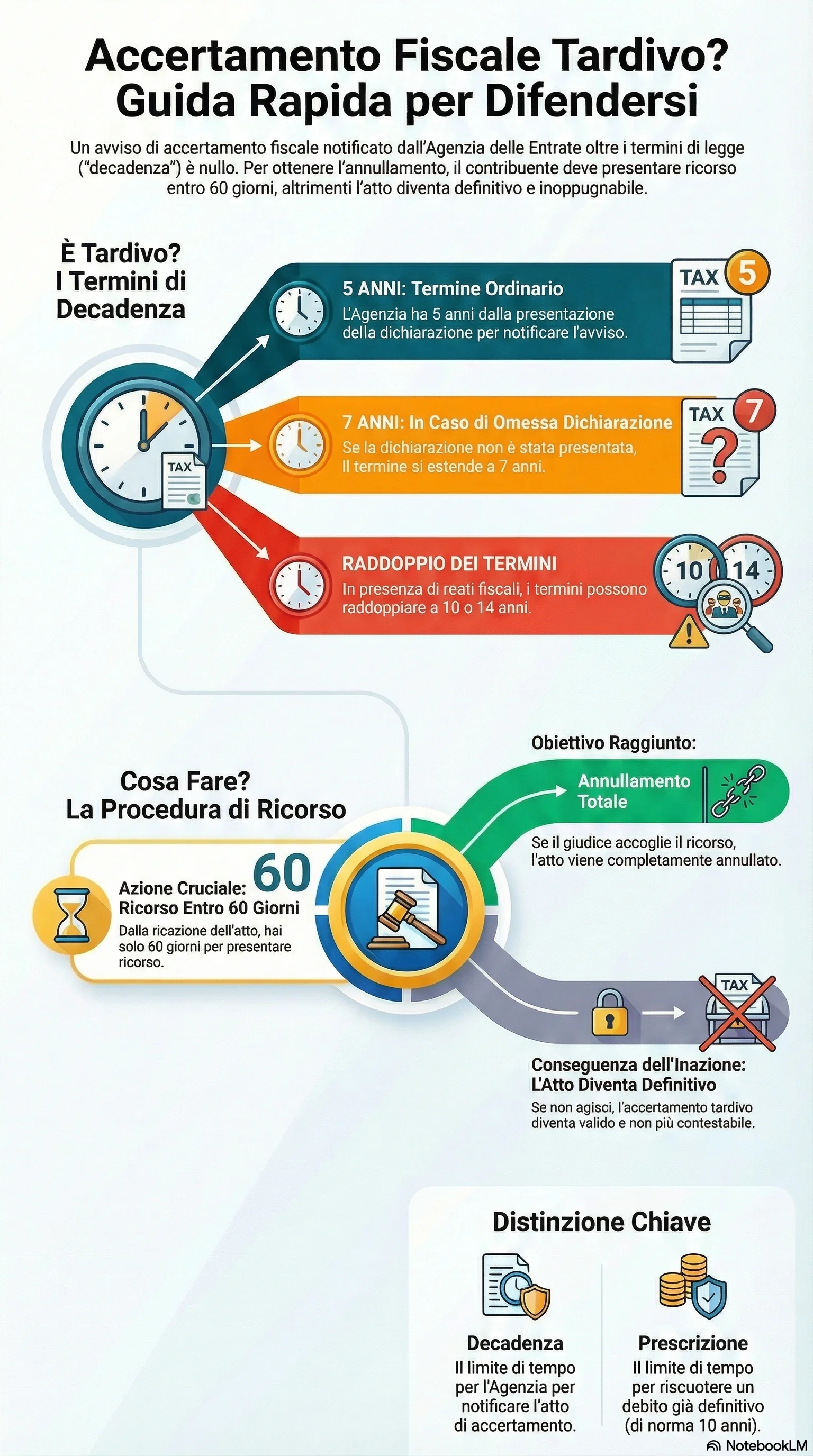 Infografica riassuntiva: Accertamento Fiscale Oltre Termine: Guida al Ricorso