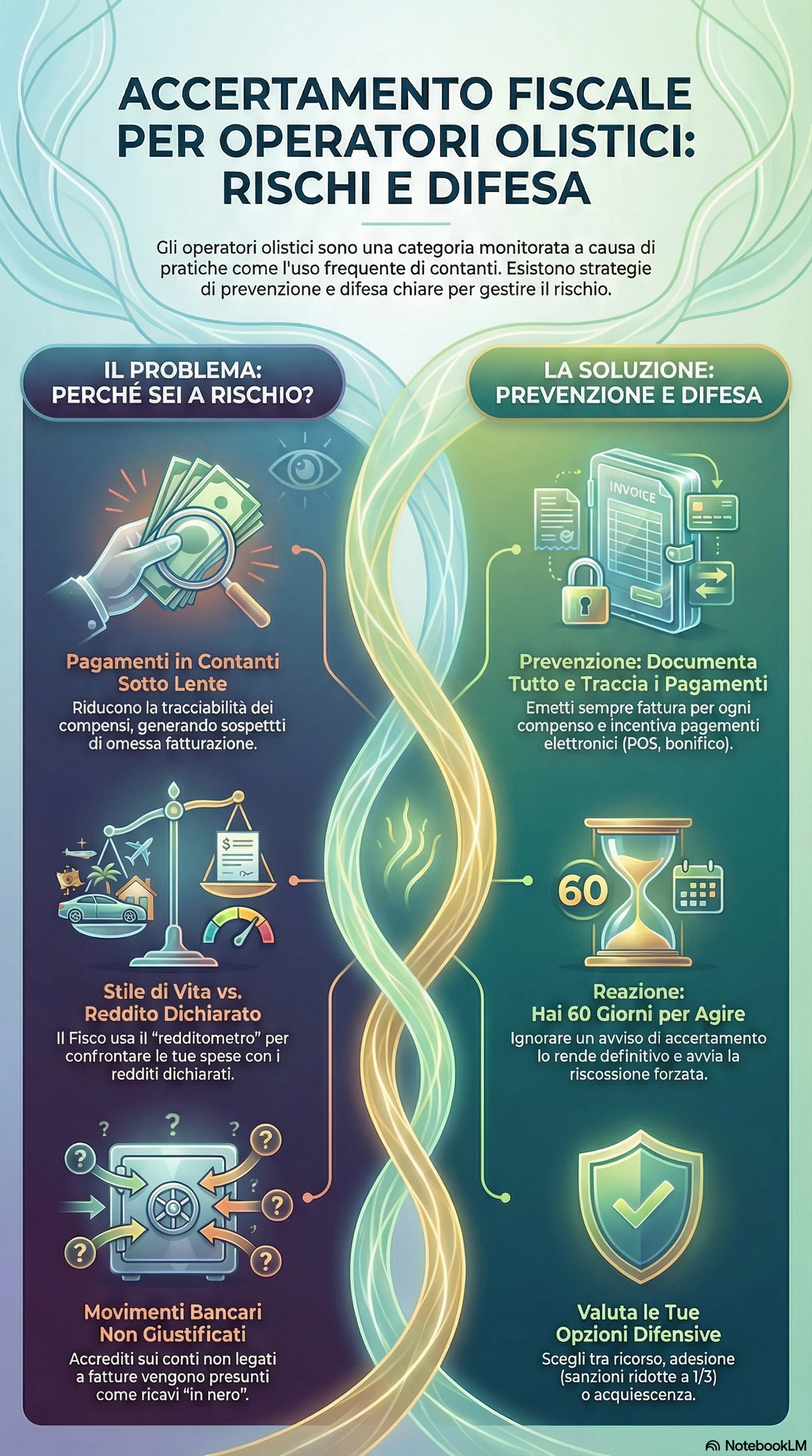 Infografica riassuntiva: Accertamento Fiscale Operatori Olistici: Come Difendersi