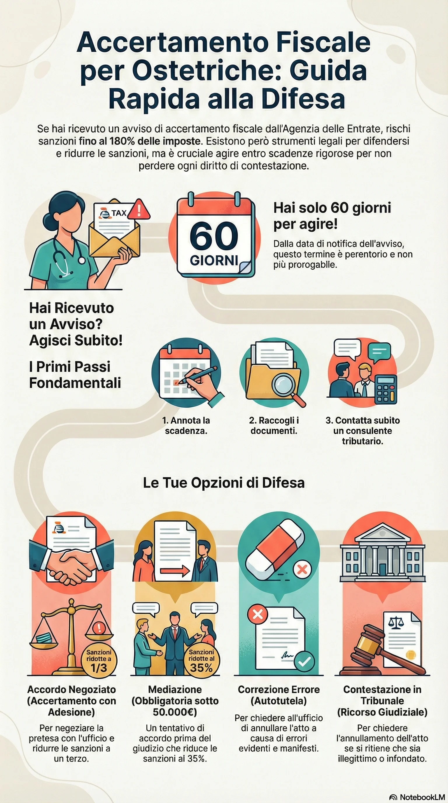 Infografica riassuntiva: Accertamento Fiscale Ostetriche: Come Difendersi
